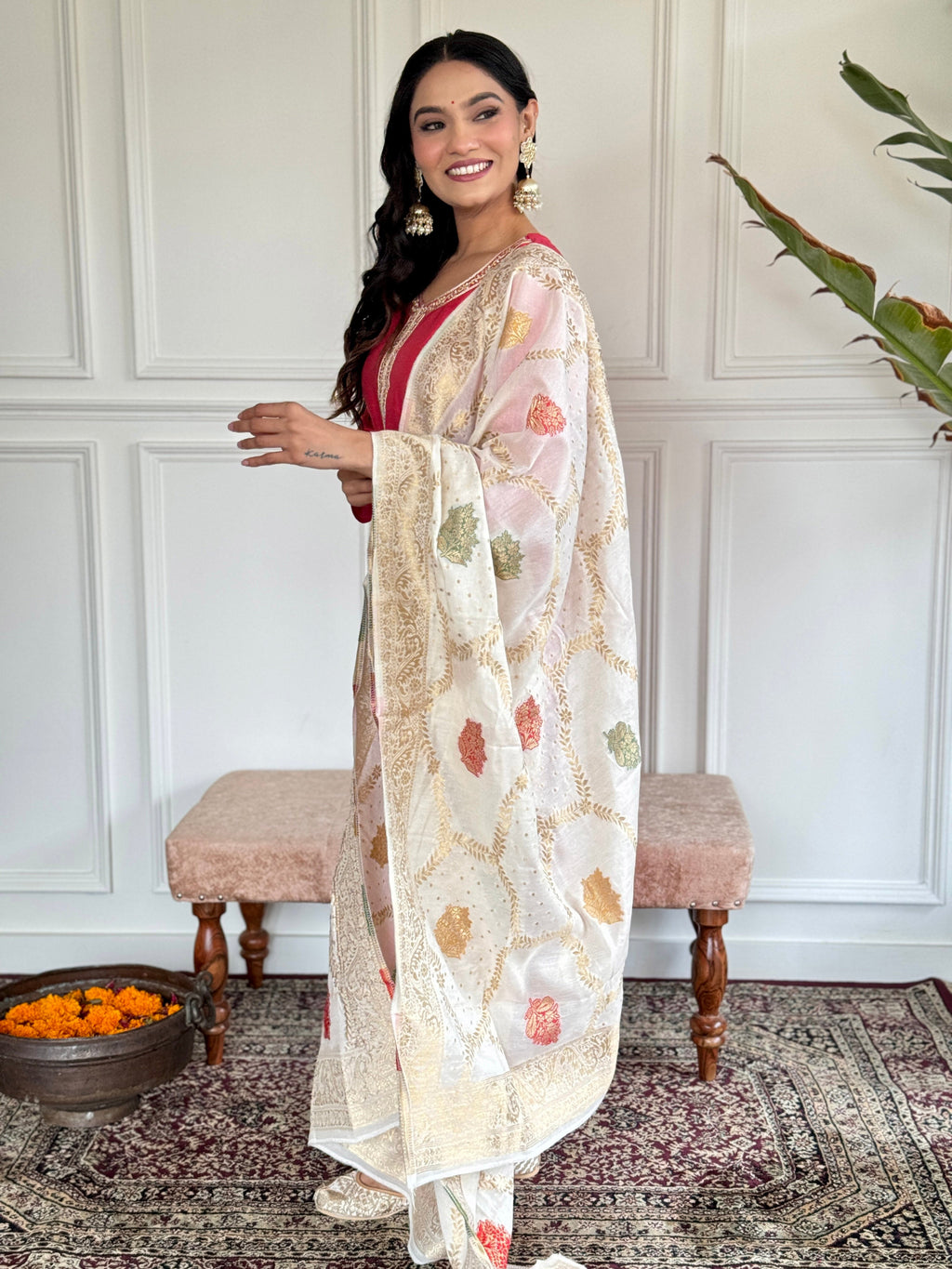 Teeya Creation Pink Colour Viscose Chanderi Embroidery Work Fully Stitched Kurti Set