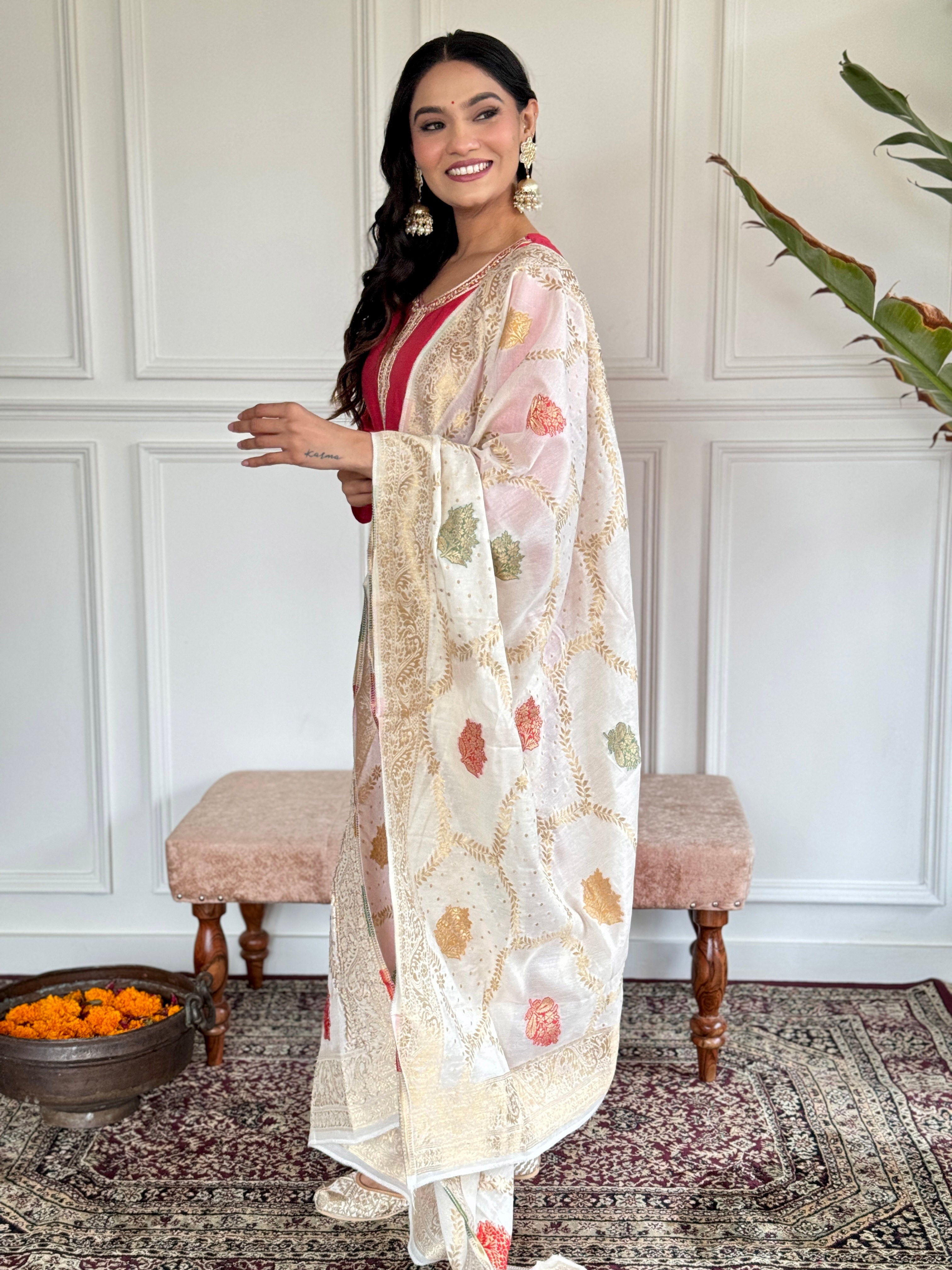 Teeya Creation Pink Colour Viscose Chanderi Embroidery Work Fully Stitched Kurti Set