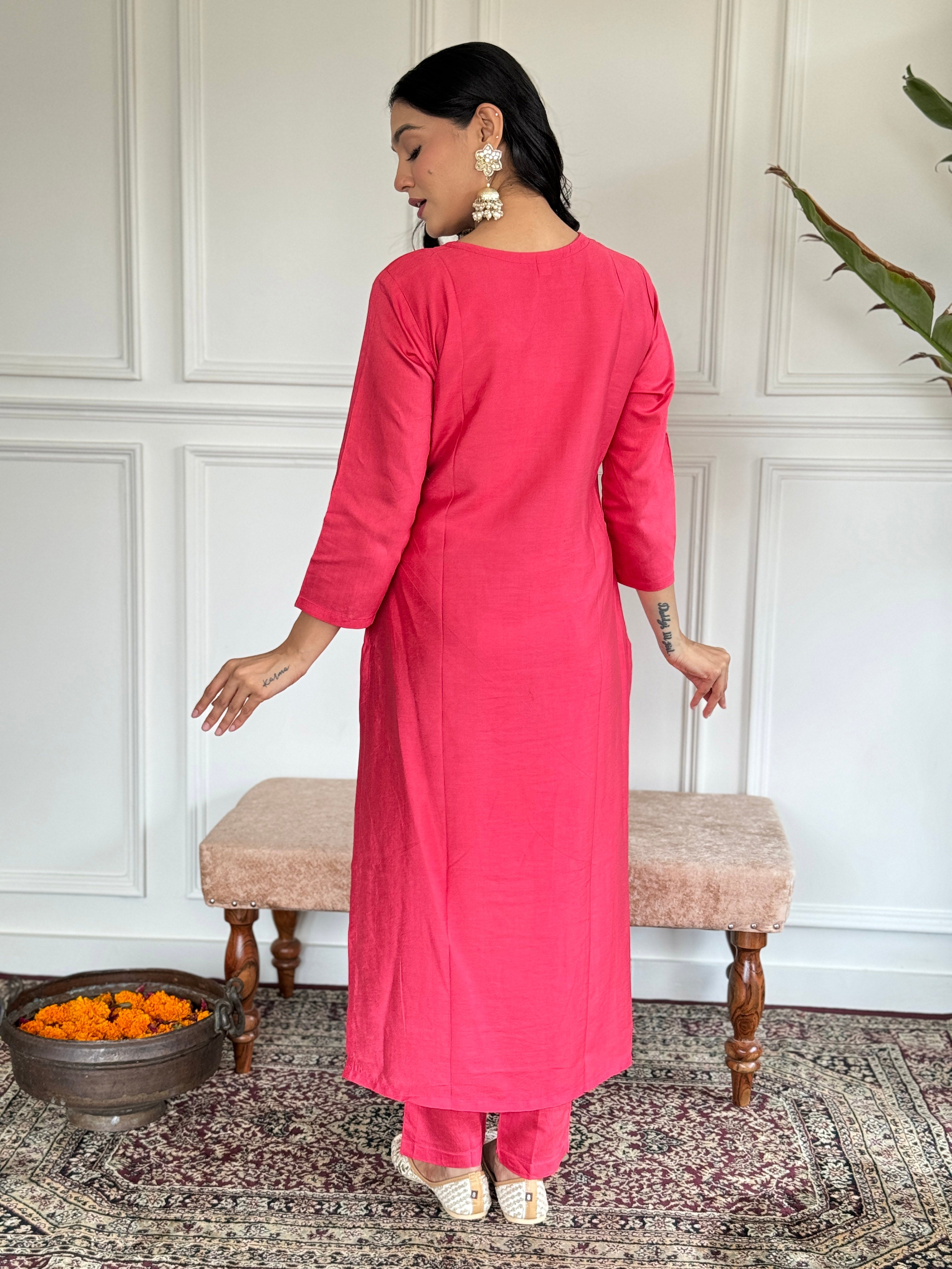 Teeya Creation Pink Colour Viscose Chanderi Embroidery Work Fully Stitched Kurti Set