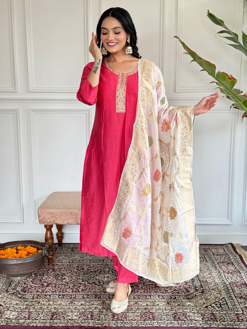 Teeya Creation Pink Colour Viscose Chanderi Embroidery Work Fully Stitched Kurti Set