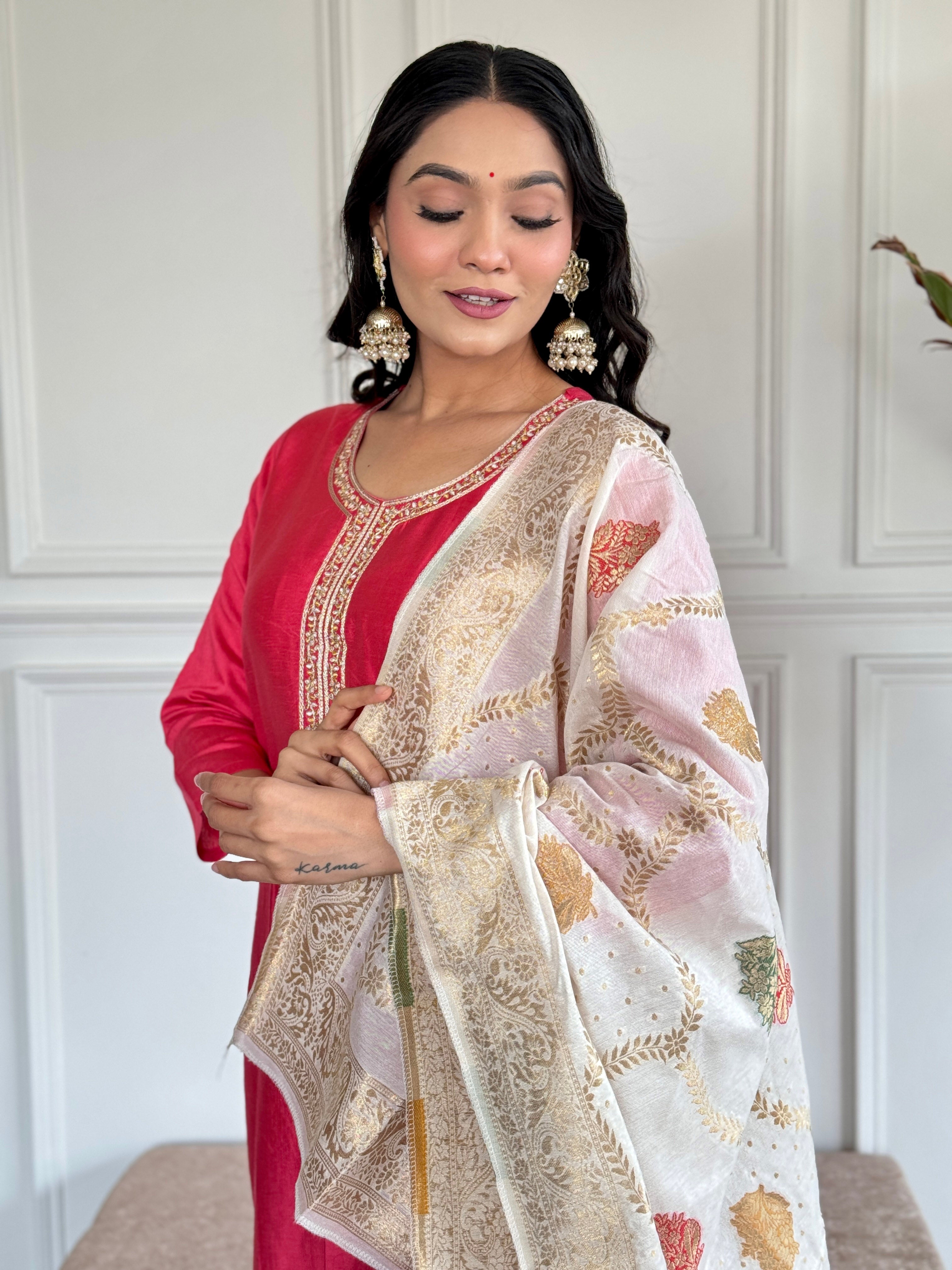 Teeya Creation Pink Colour Viscose Chanderi Embroidery Work Fully Stitched Kurti Set