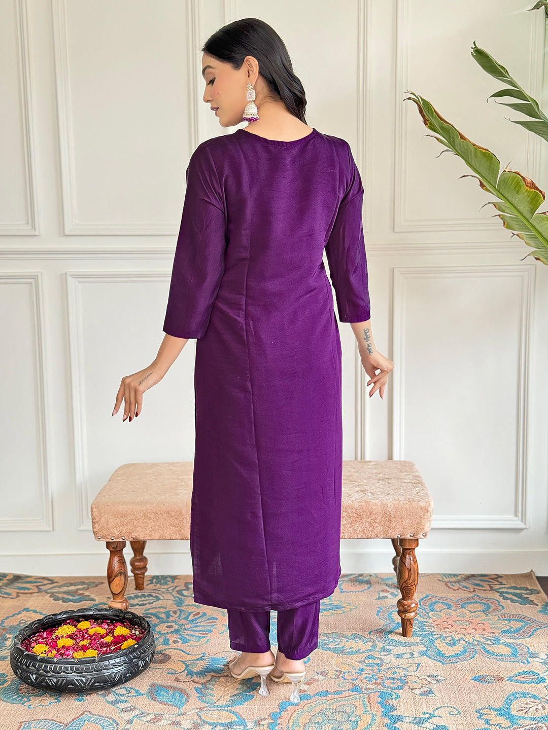 Teeya Creation Purple Colour Viscose Chanderi Embroidery Work Fully Stitched Kurti Set