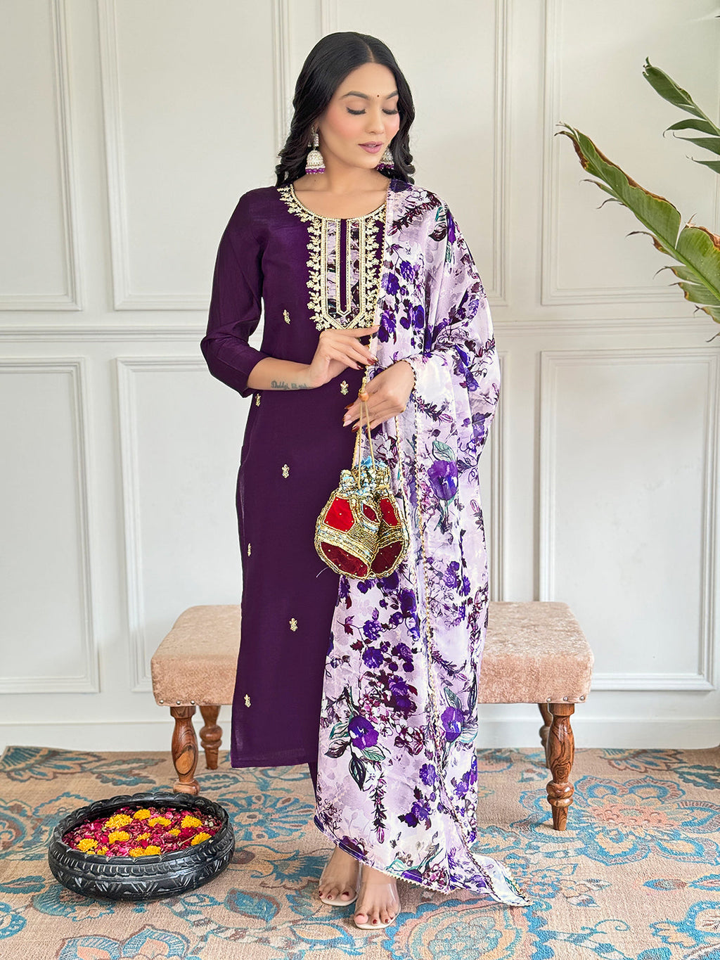 Teeya Creation Purple Colour Viscose Chanderi Embroidery Work Fully Stitched Kurti Set