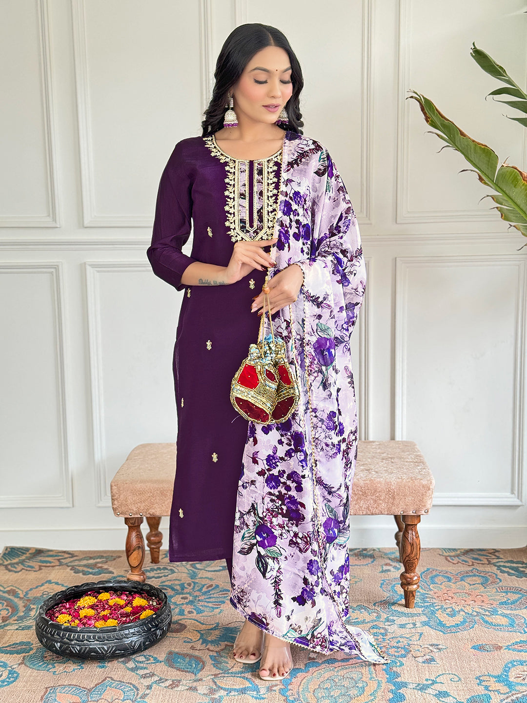 Teeya Creation Purple Colour Viscose Chanderi Embroidery Work Fully Stitched Kurti Set
