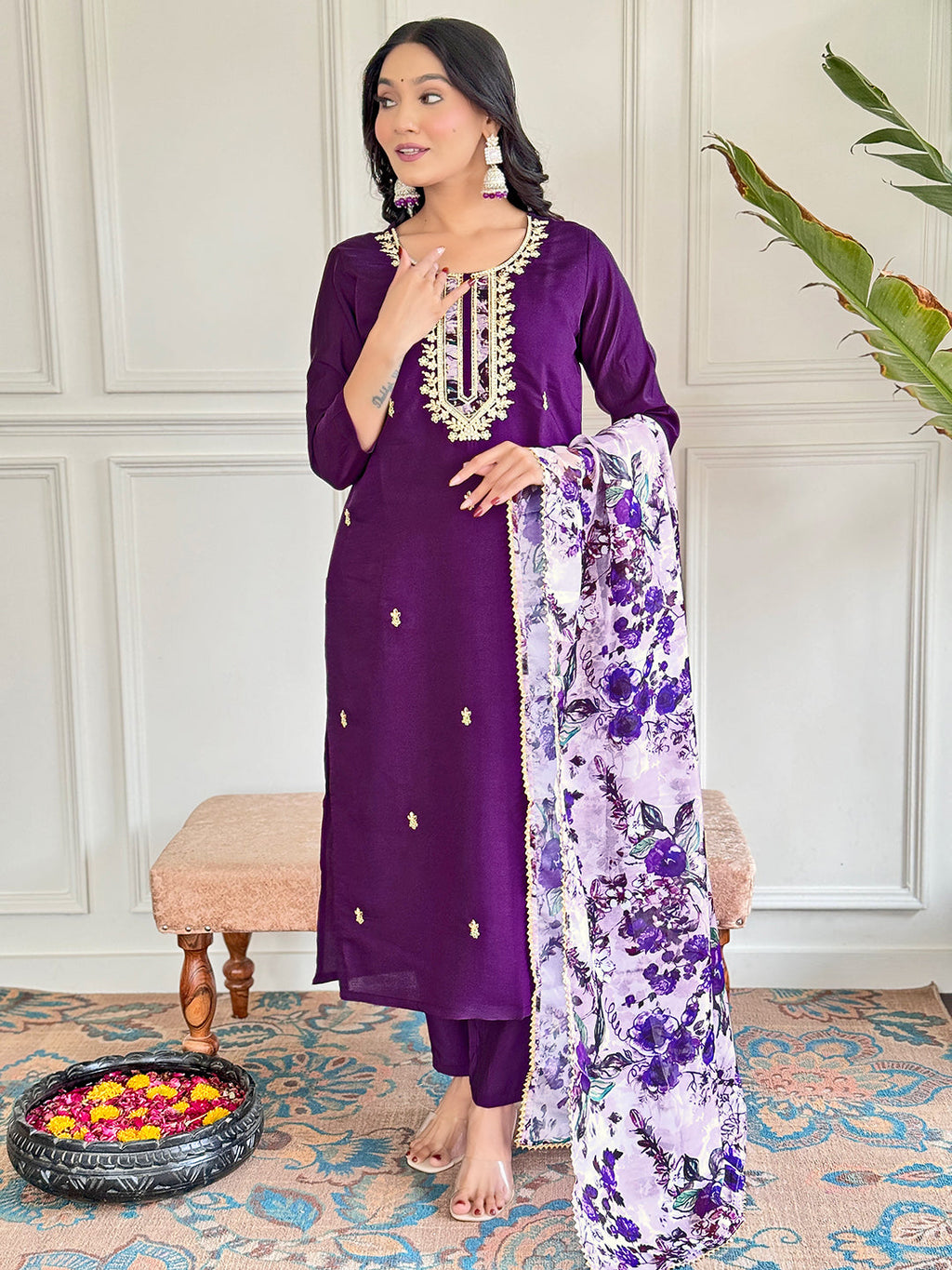 Teeya Creation Purple Colour Viscose Chanderi Embroidery Work Fully Stitched Kurti Set