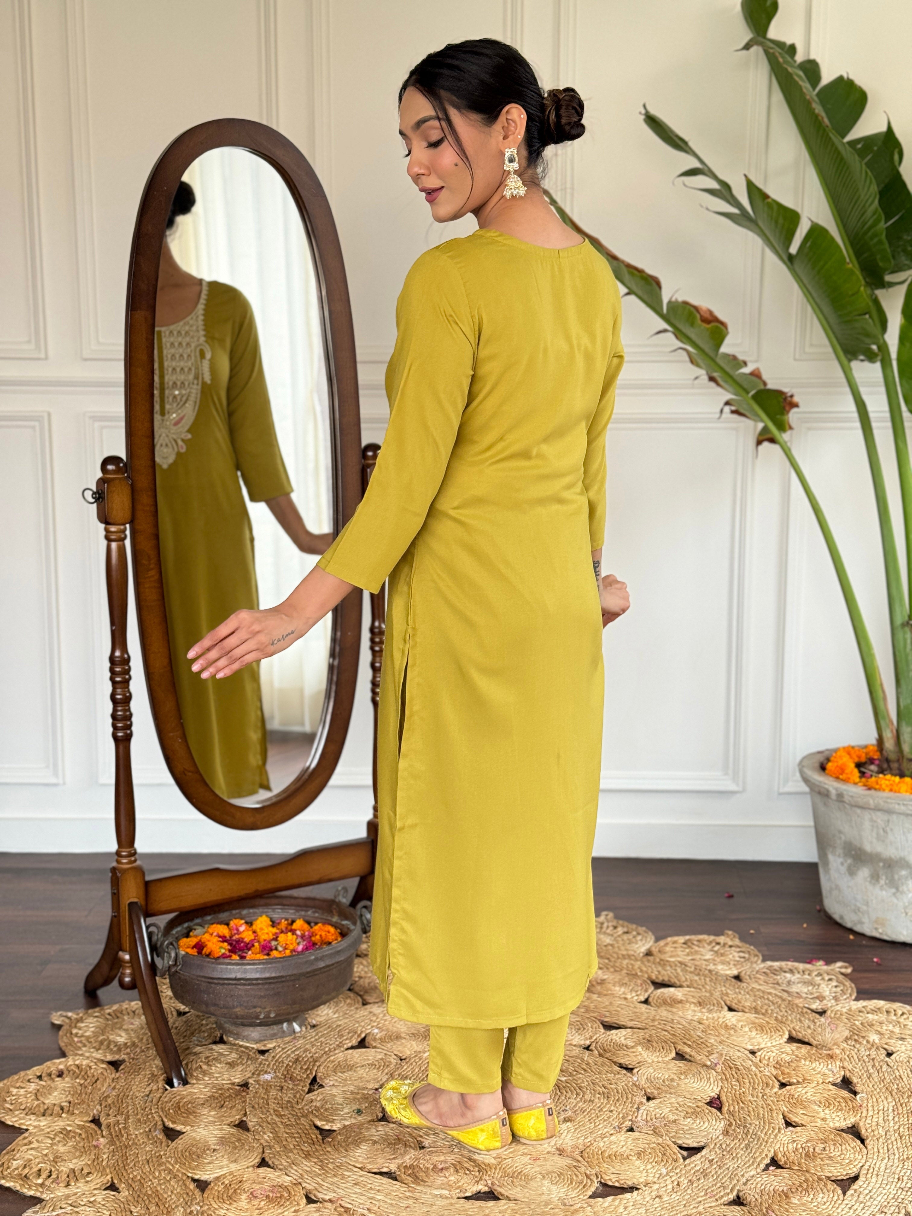 Teeya Creation Liril Colour Viscose Slub Embroidery Work Fully Stitched Kurti Set