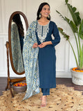 Teeya Creation Blue Colour Viscose Slub Embroidery Work Fully Stitched Kurti Set