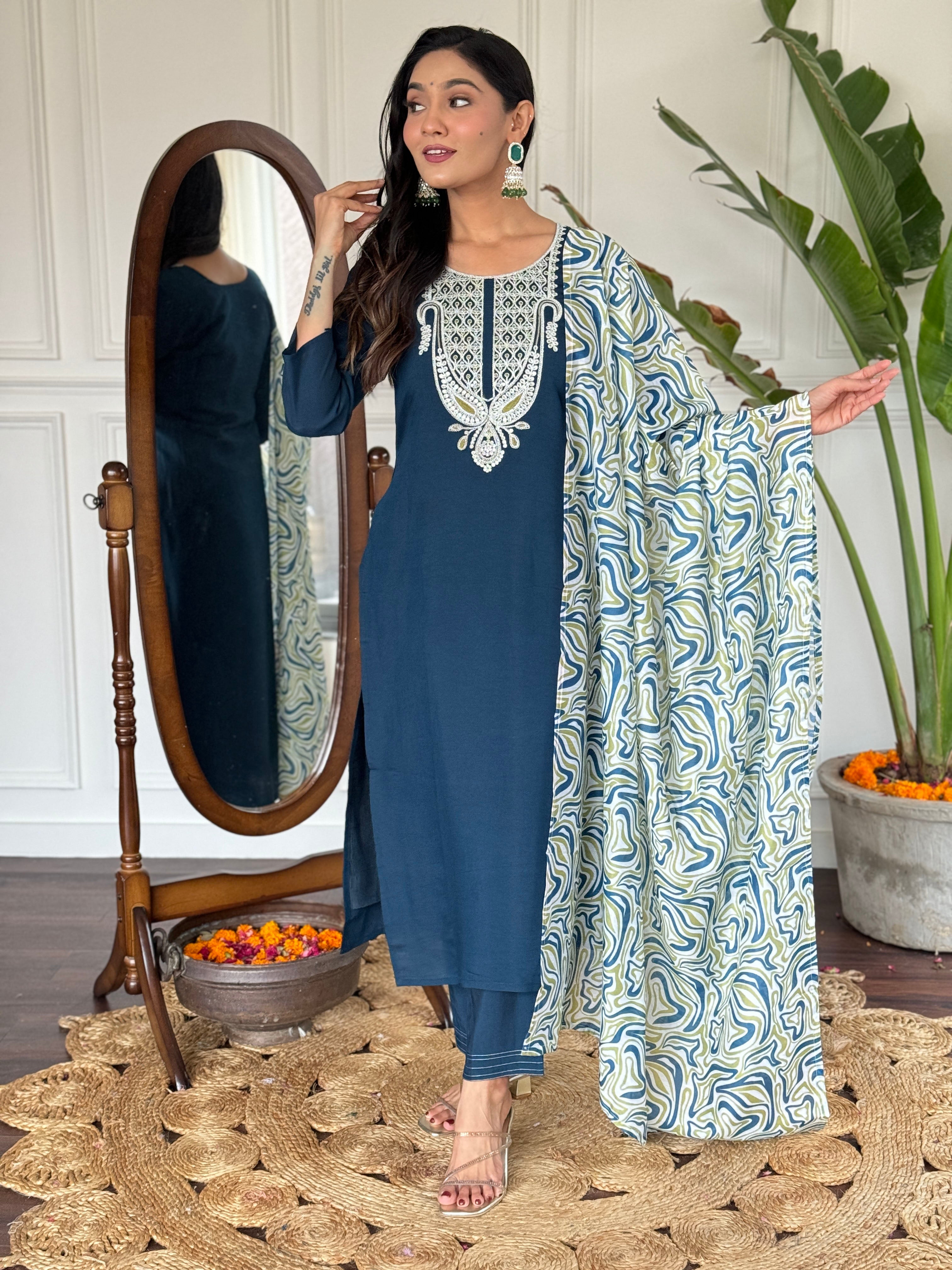 Teeya Creation Blue Colour Viscose Slub Embroidery Work Fully Stitched Kurti Set