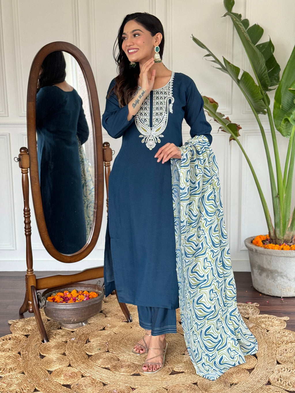 Teeya Creation Blue Colour Viscose Slub Embroidery Work Fully Stitched Kurti Set