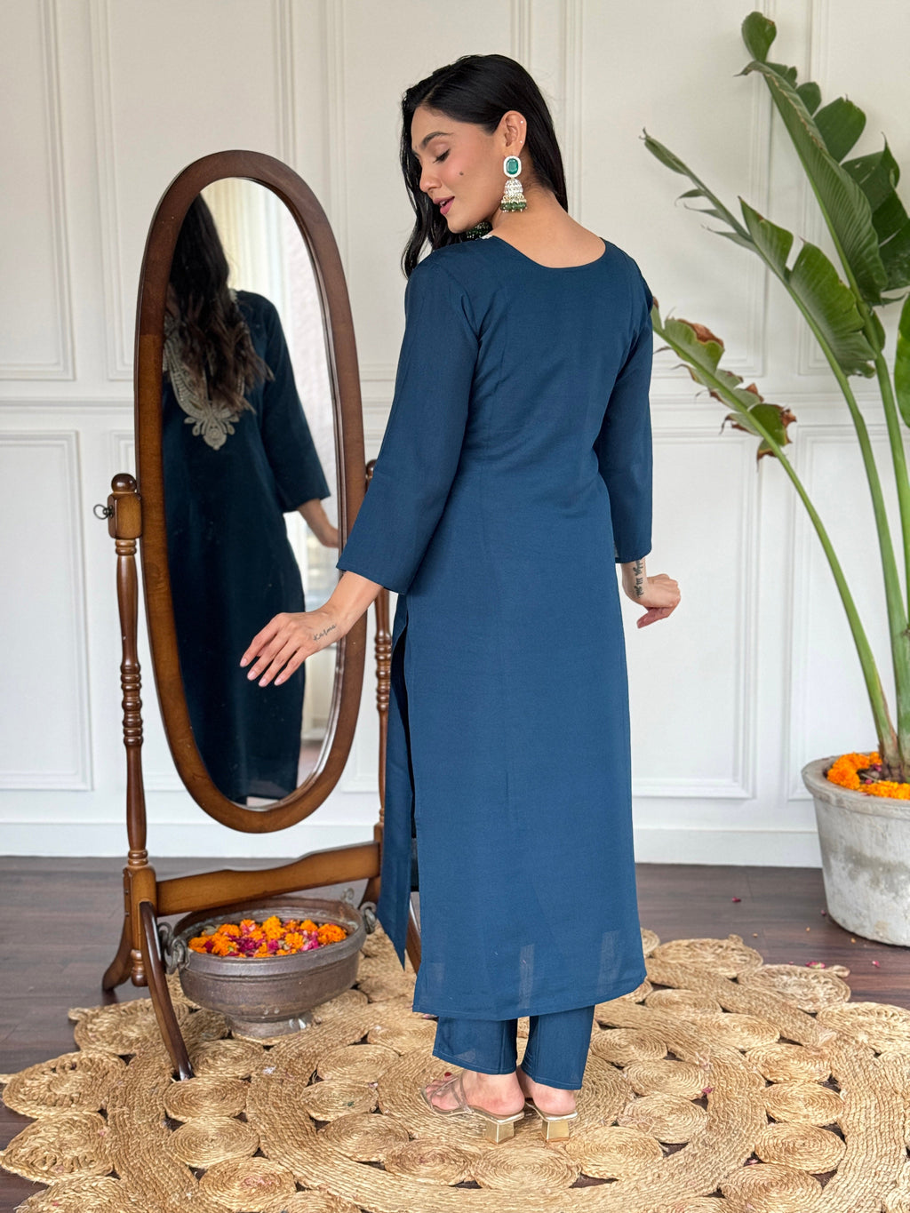 Teeya Creation Blue Colour Viscose Slub Embroidery Work Fully Stitched Kurti Set