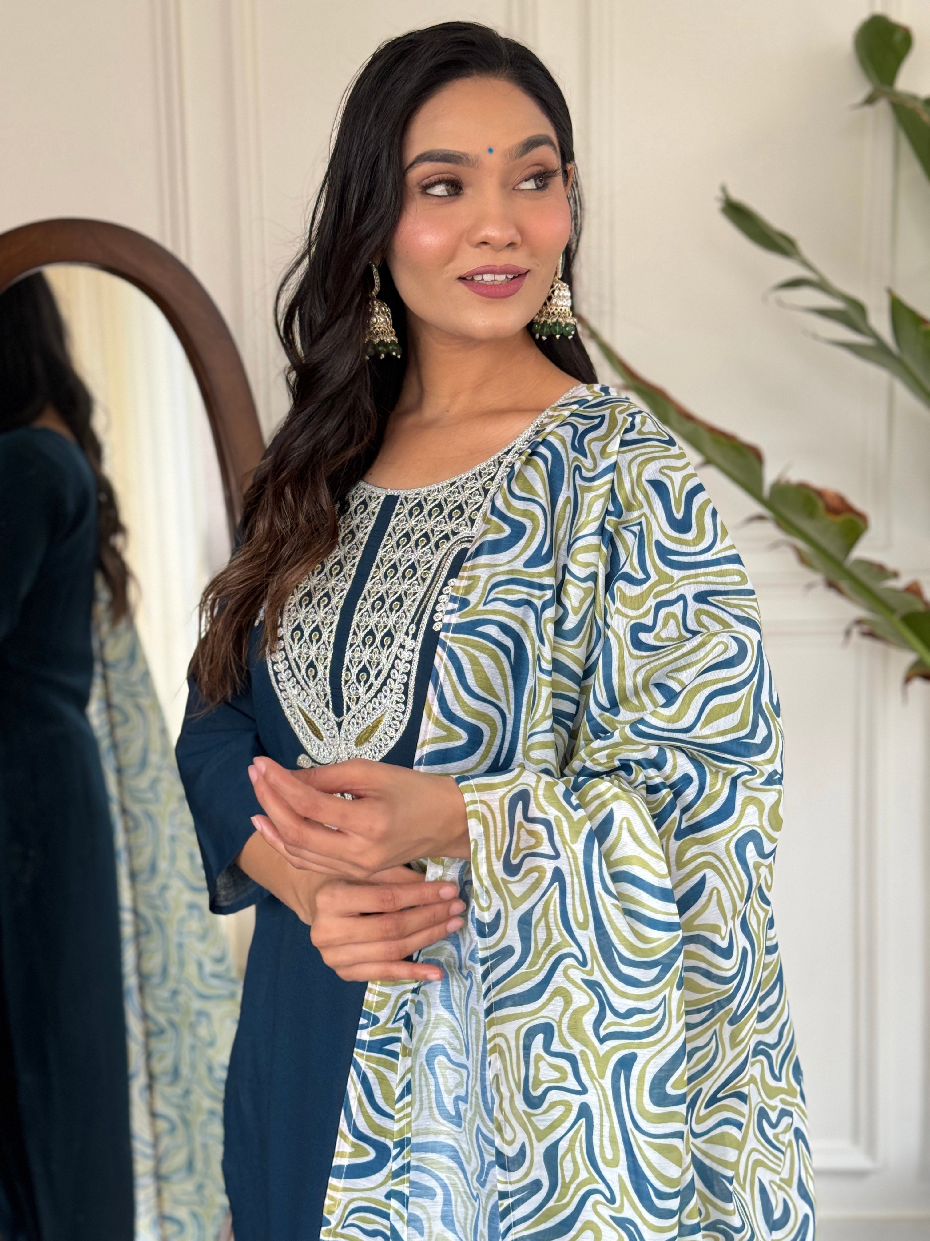 Teeya Creation Blue Colour Viscose Slub Embroidery Work Fully Stitched Kurti Set