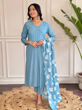 Teeya Creation Grey Colour Viscose Chander Embroidery Work Fully Stitched Kurti Set