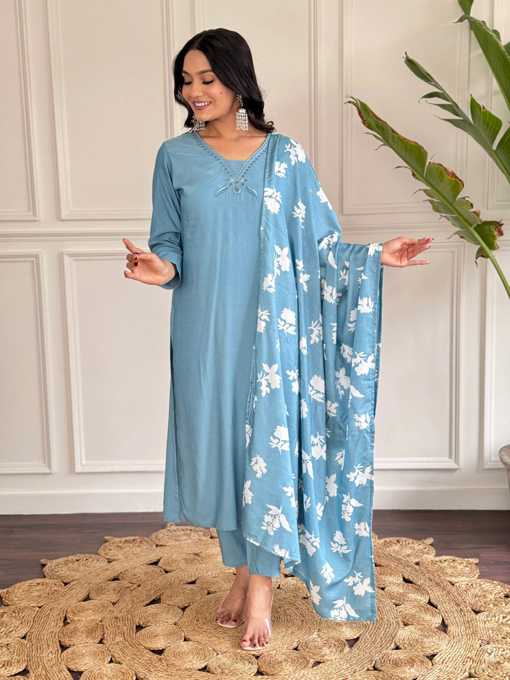 Teeya Creation Grey Colour Viscose Chander Embroidery Work Fully Stitched Kurti Set