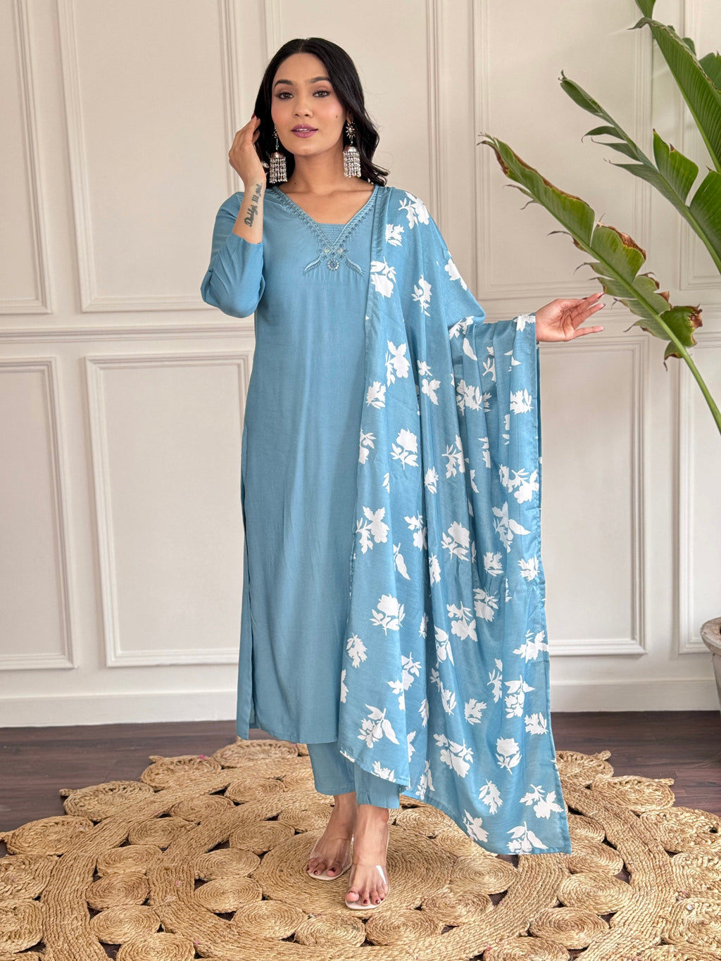 Teeya Creation Grey Colour Viscose Chander Embroidery Work Fully Stitched Kurti Set