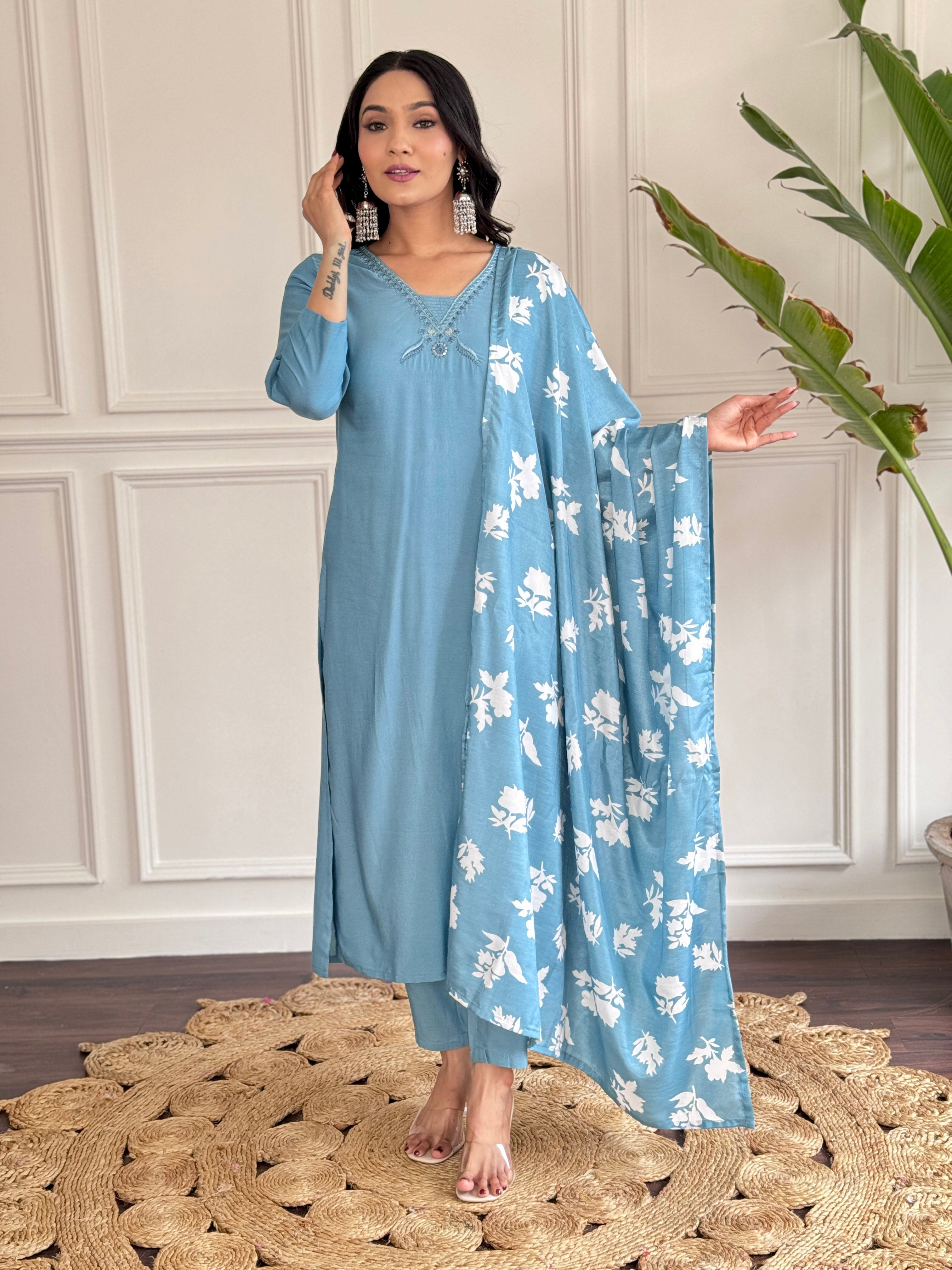 Teeya Creation Grey Colour Viscose Chander Embroidery Work Fully Stitched Kurti Set