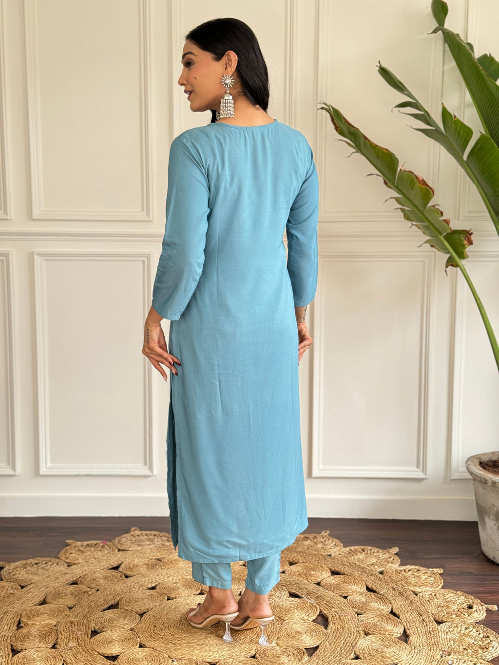 Teeya Creation Grey Colour Viscose Chander Embroidery Work Fully Stitched Kurti Set