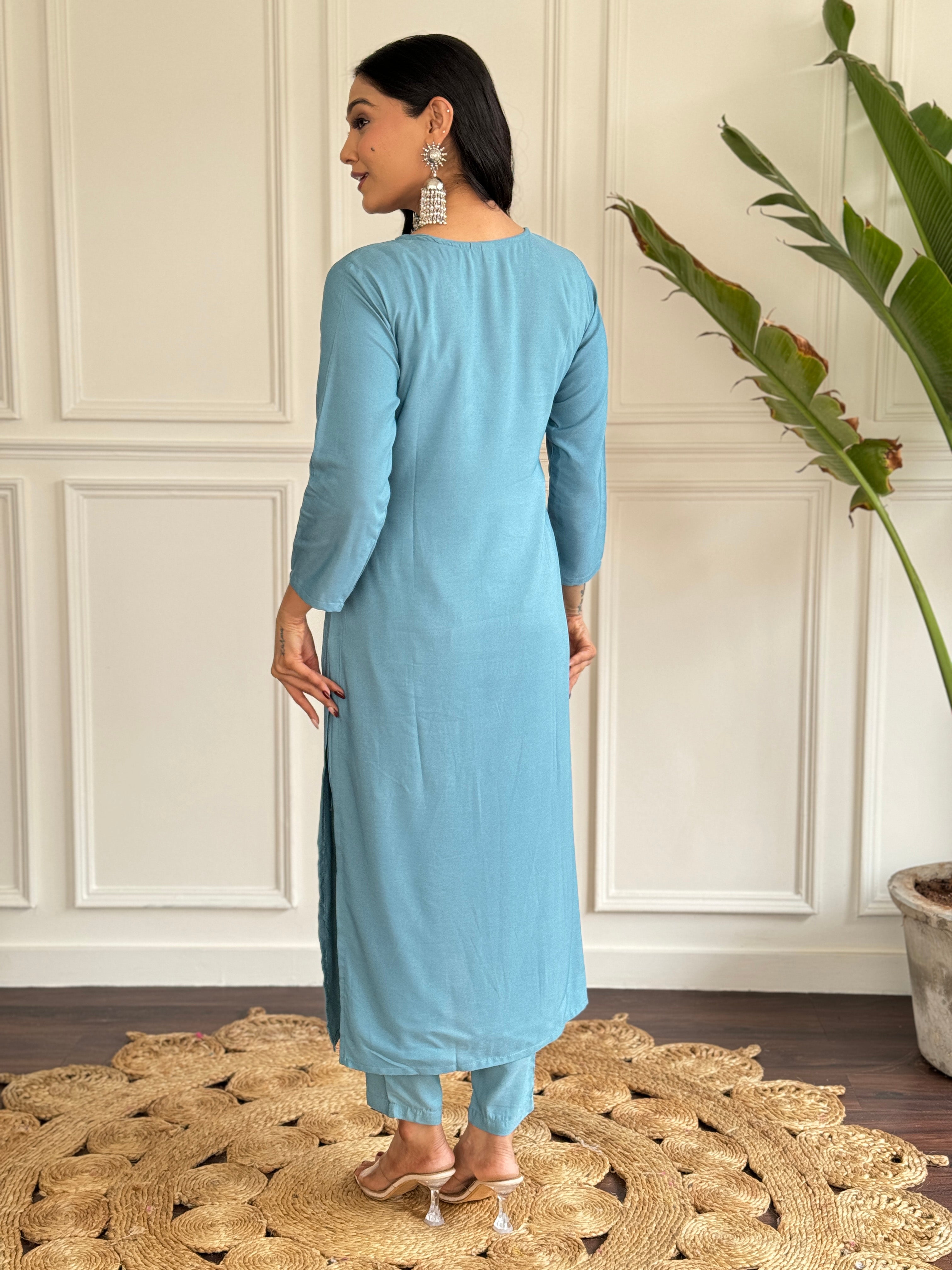 Teeya Creation Grey Colour Viscose Chander Embroidery Work Fully Stitched Kurti Set