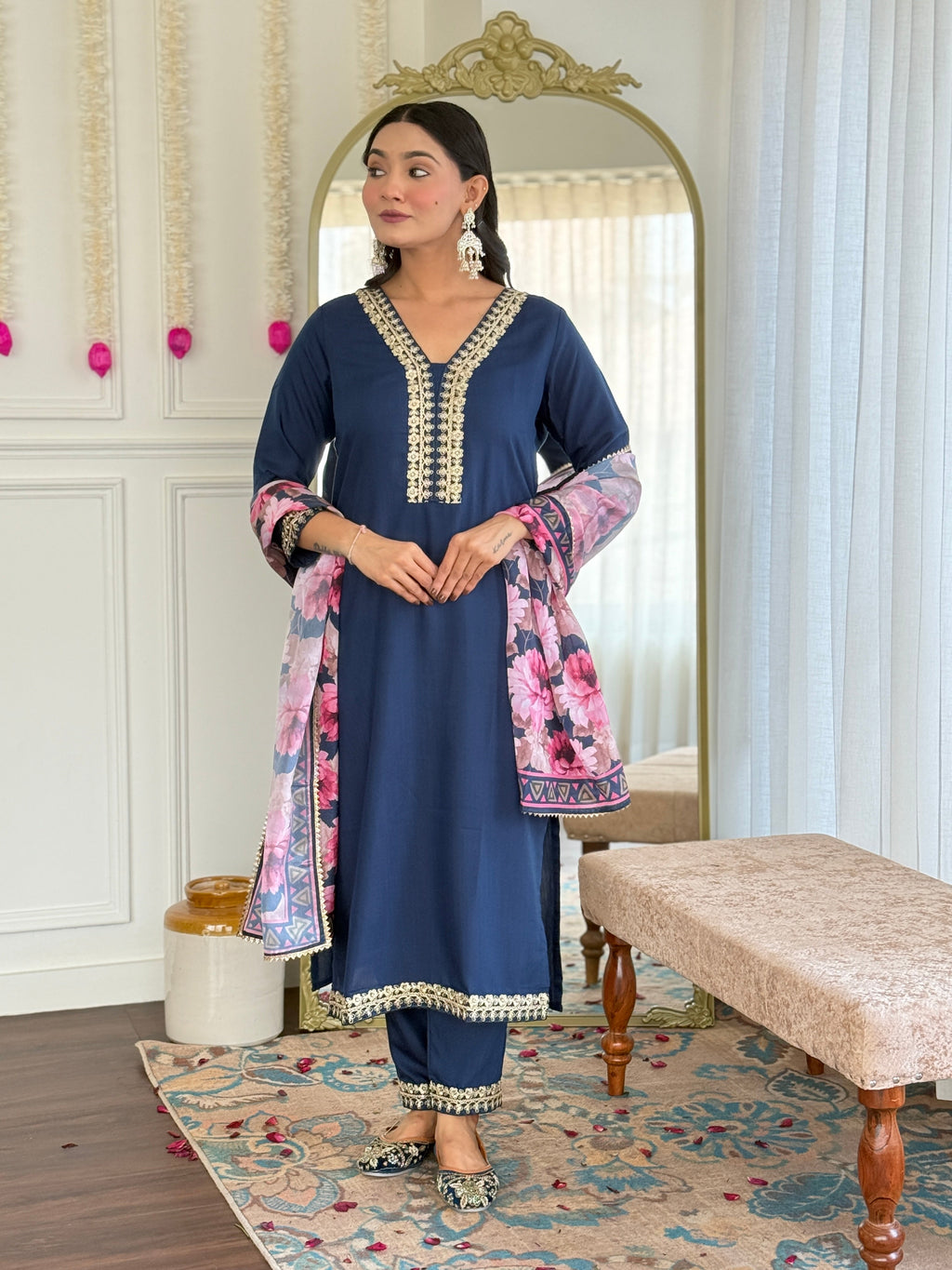 Teeya Creation Blue Colour Viscose Slub Embroidery Work Fully Stitched Kurti Set