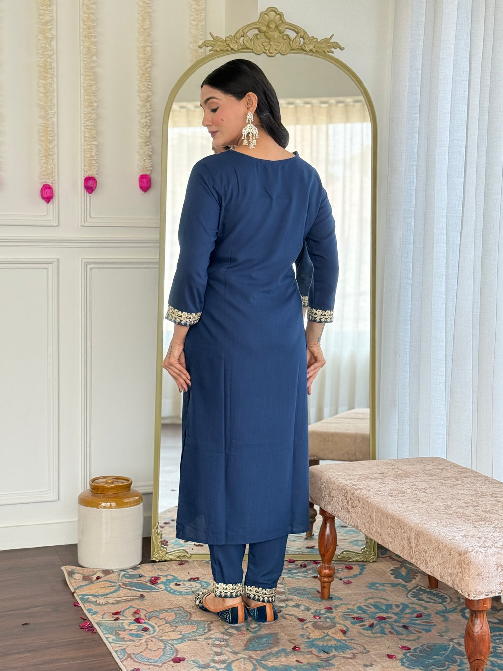 Teeya Creation Blue Colour Viscose Slub Embroidery Work Fully Stitched Kurti Set