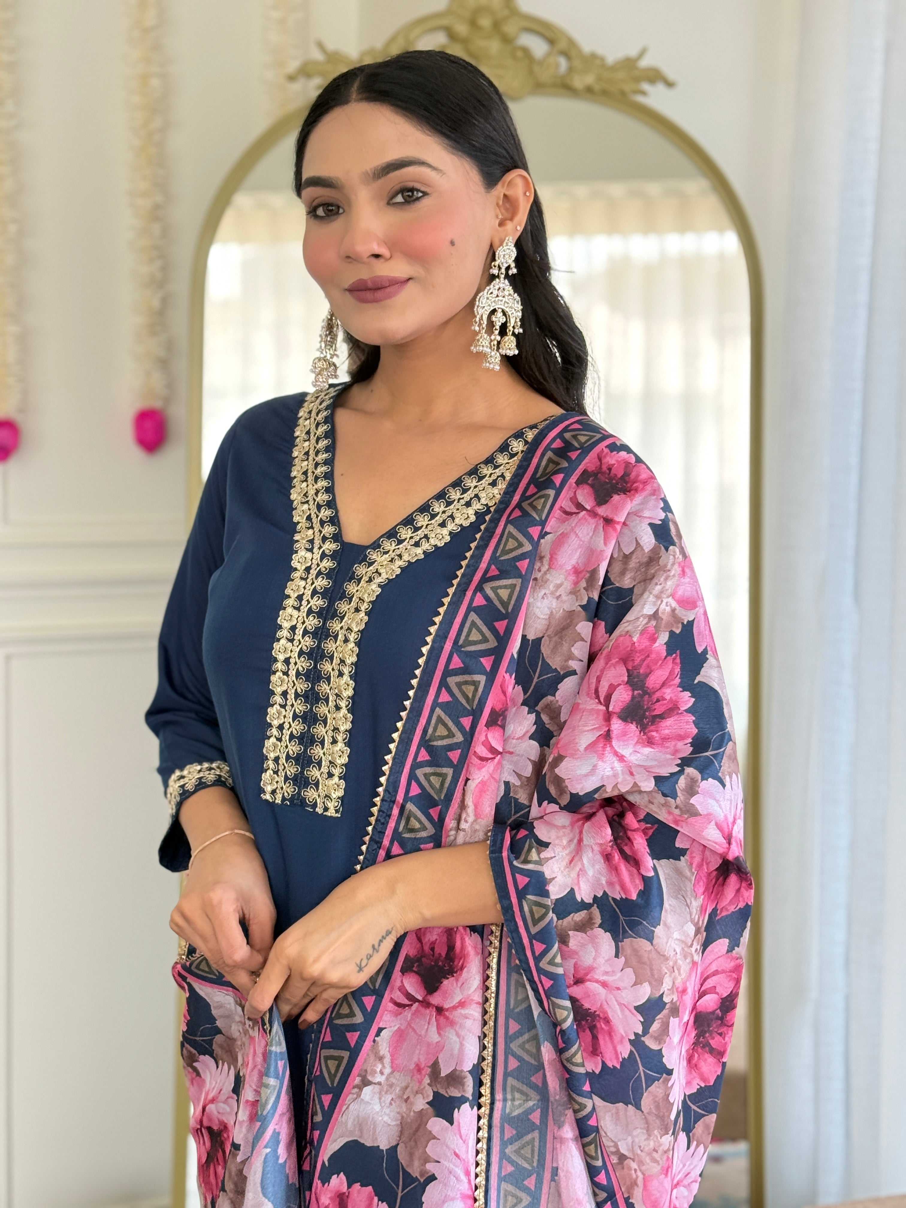 Teeya Creation Blue Colour Viscose Slub Embroidery Work Fully Stitched Kurti Set
