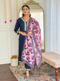 Teeya Creation Blue Colour Viscose Slub Embroidery Work Fully Stitched Kurti Set