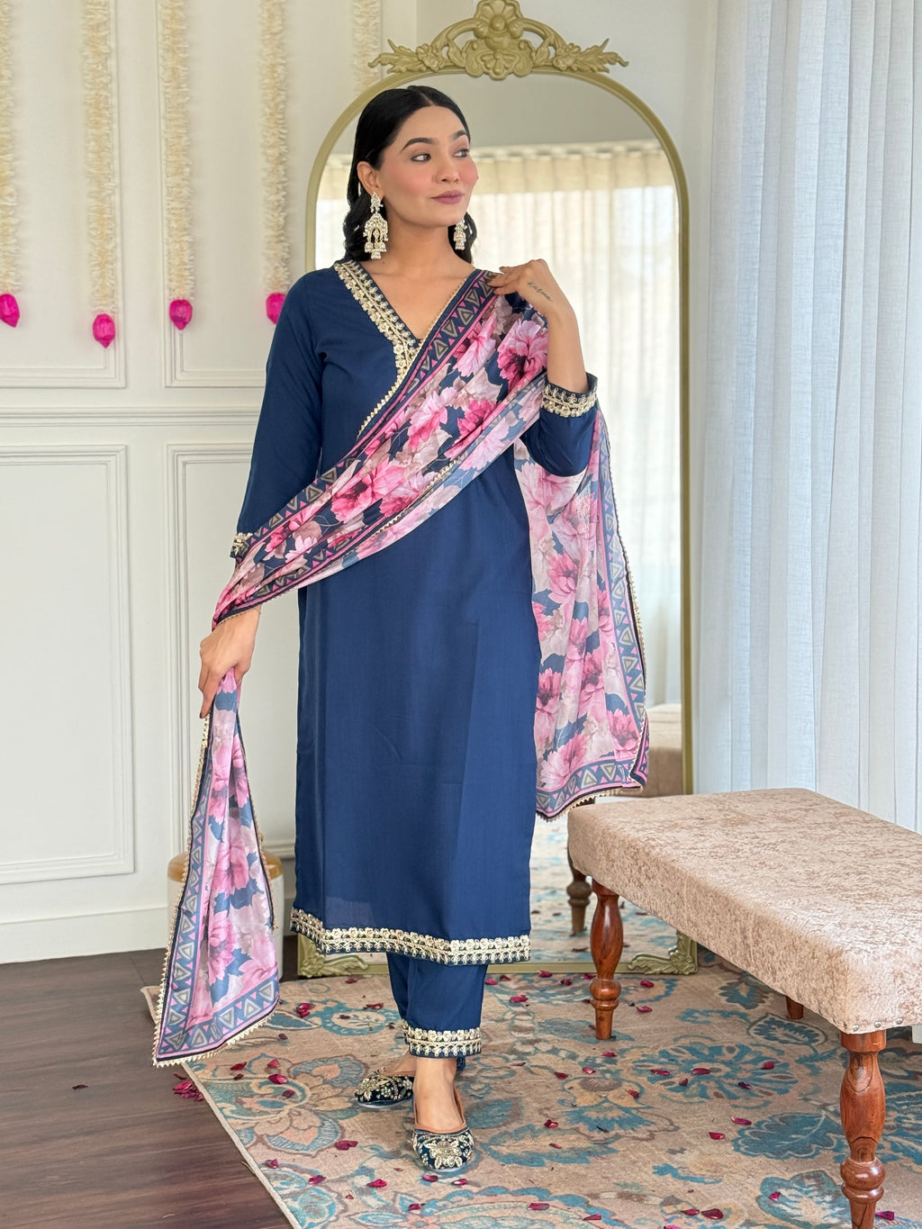 Teeya Creation Blue Colour Viscose Slub Embroidery Work Fully Stitched Kurti Set