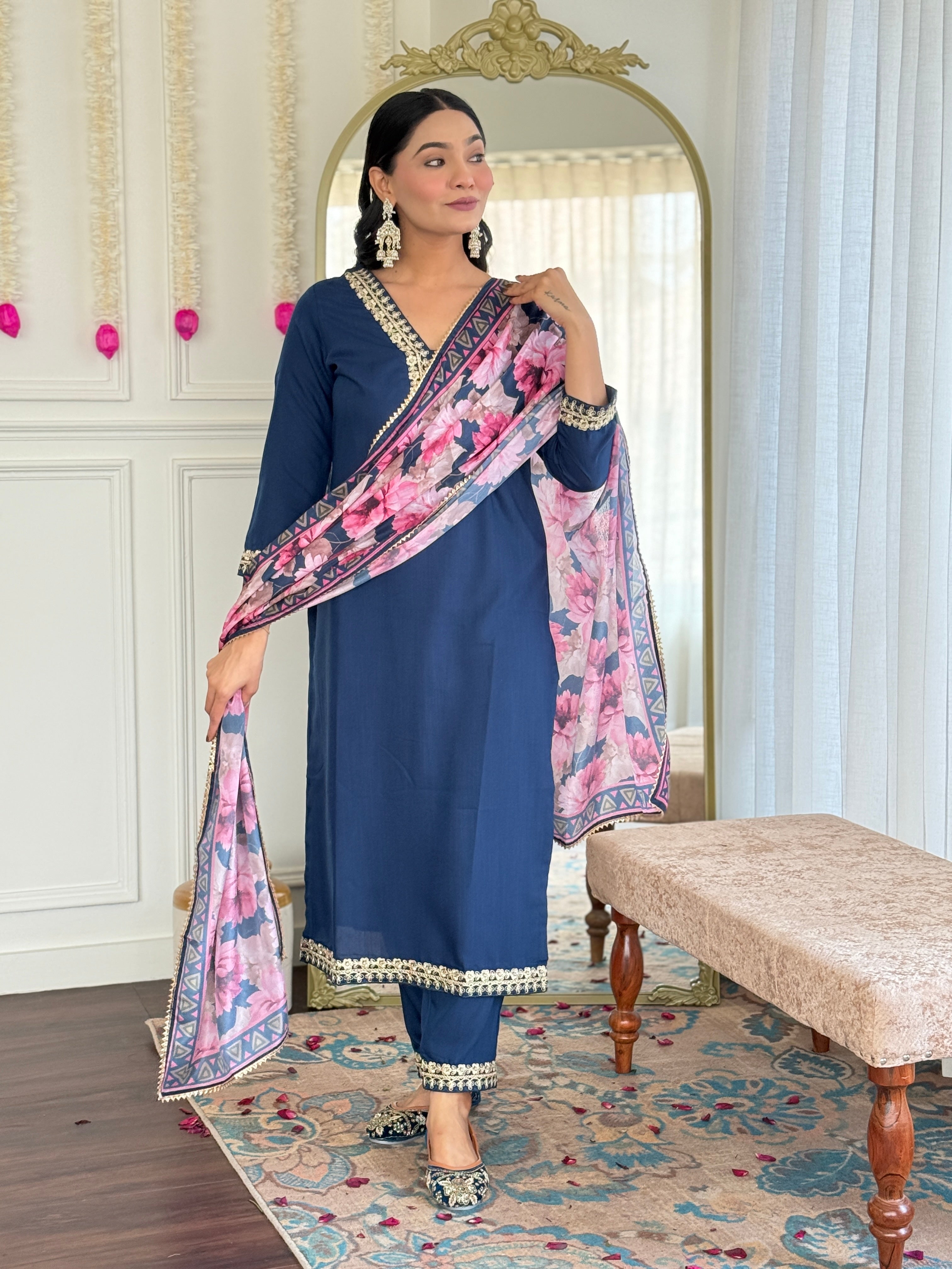 Teeya Creation Blue Colour Viscose Slub Embroidery Work Fully Stitched Kurti Set