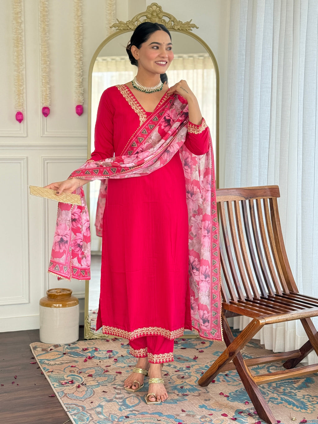 Teeya Creation Rani Colour Viscose Slub Embroidery Work Fully Stitched Kurti Set