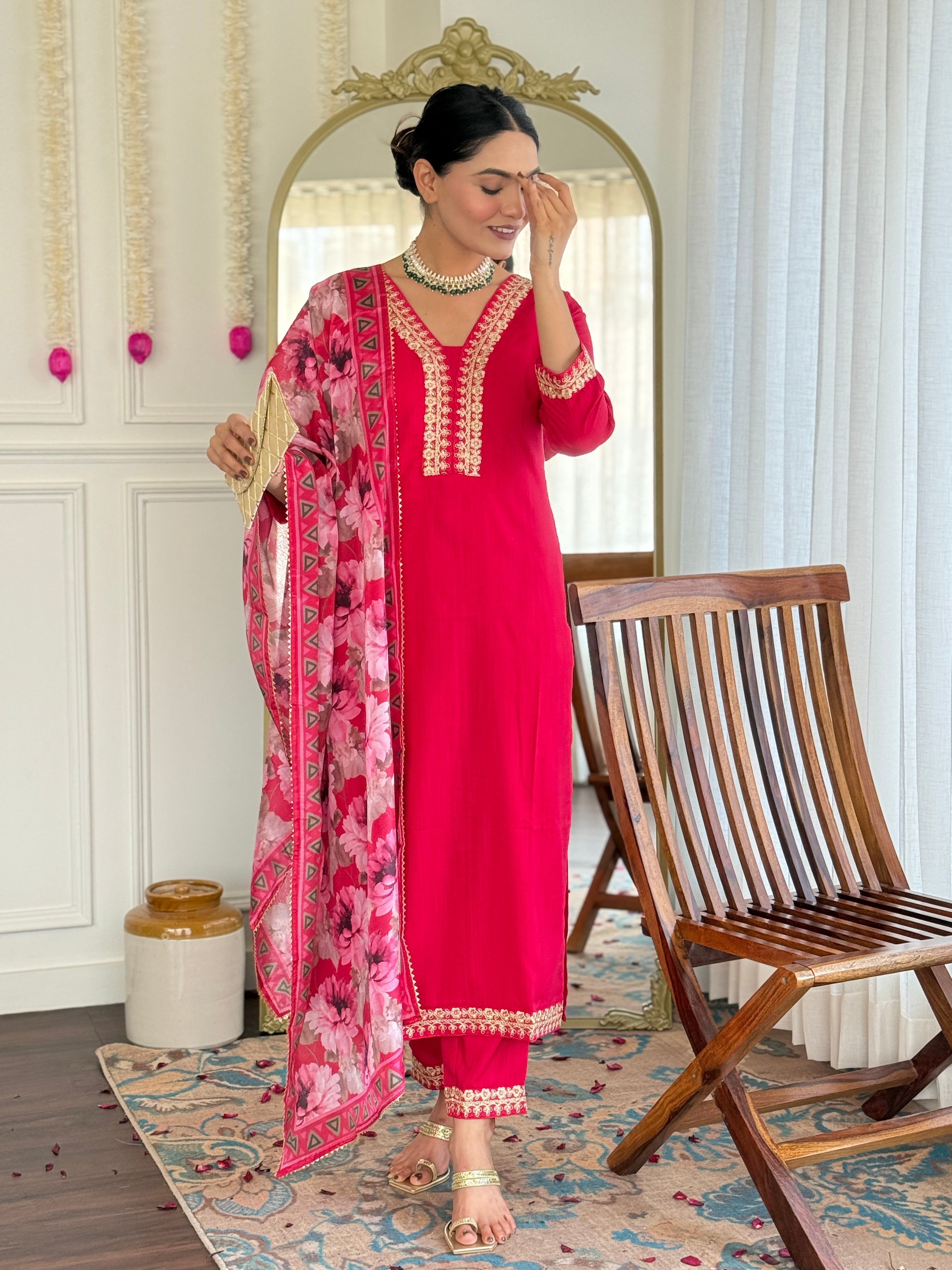 Teeya Creation Rani Colour Viscose Slub Embroidery Work Fully Stitched Kurti Set