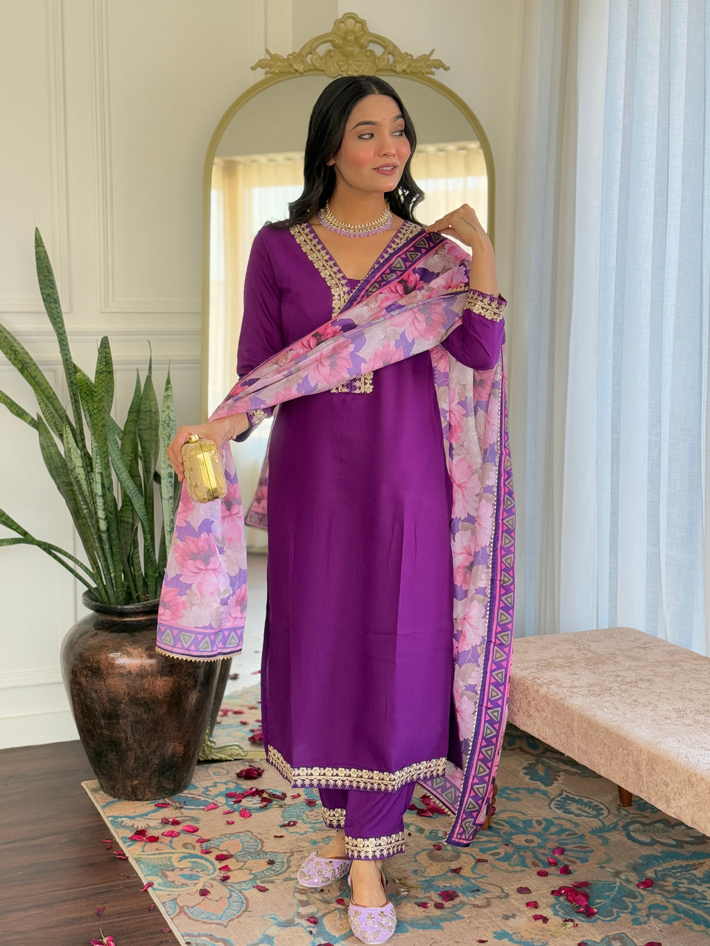 Teeya Creation Violet Colour Viscose Slub Embroidery Work Fully Stitched Kurti Set