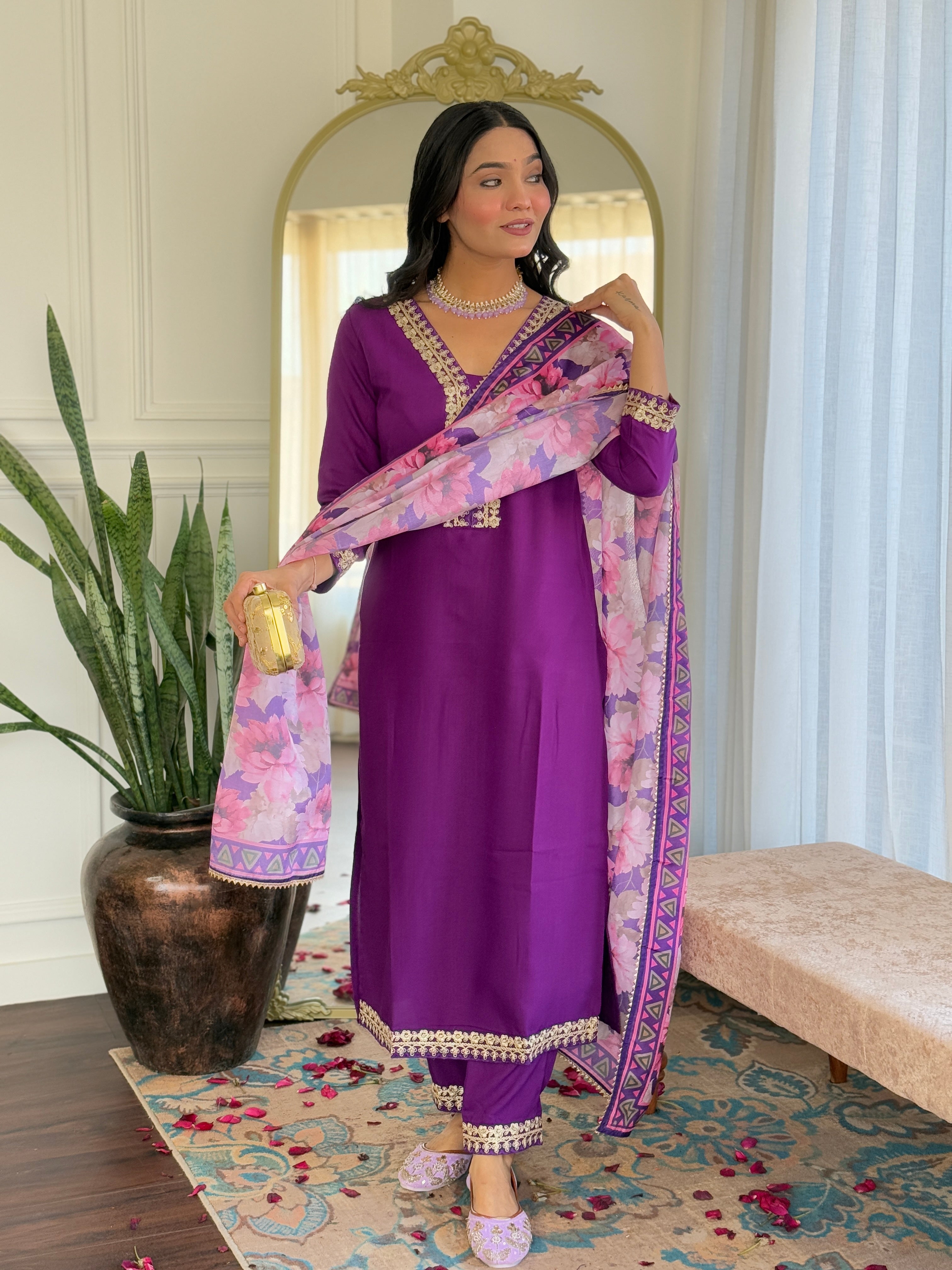 Teeya Creation Violet Colour Viscose Slub Embroidery Work Fully Stitched Kurti Set