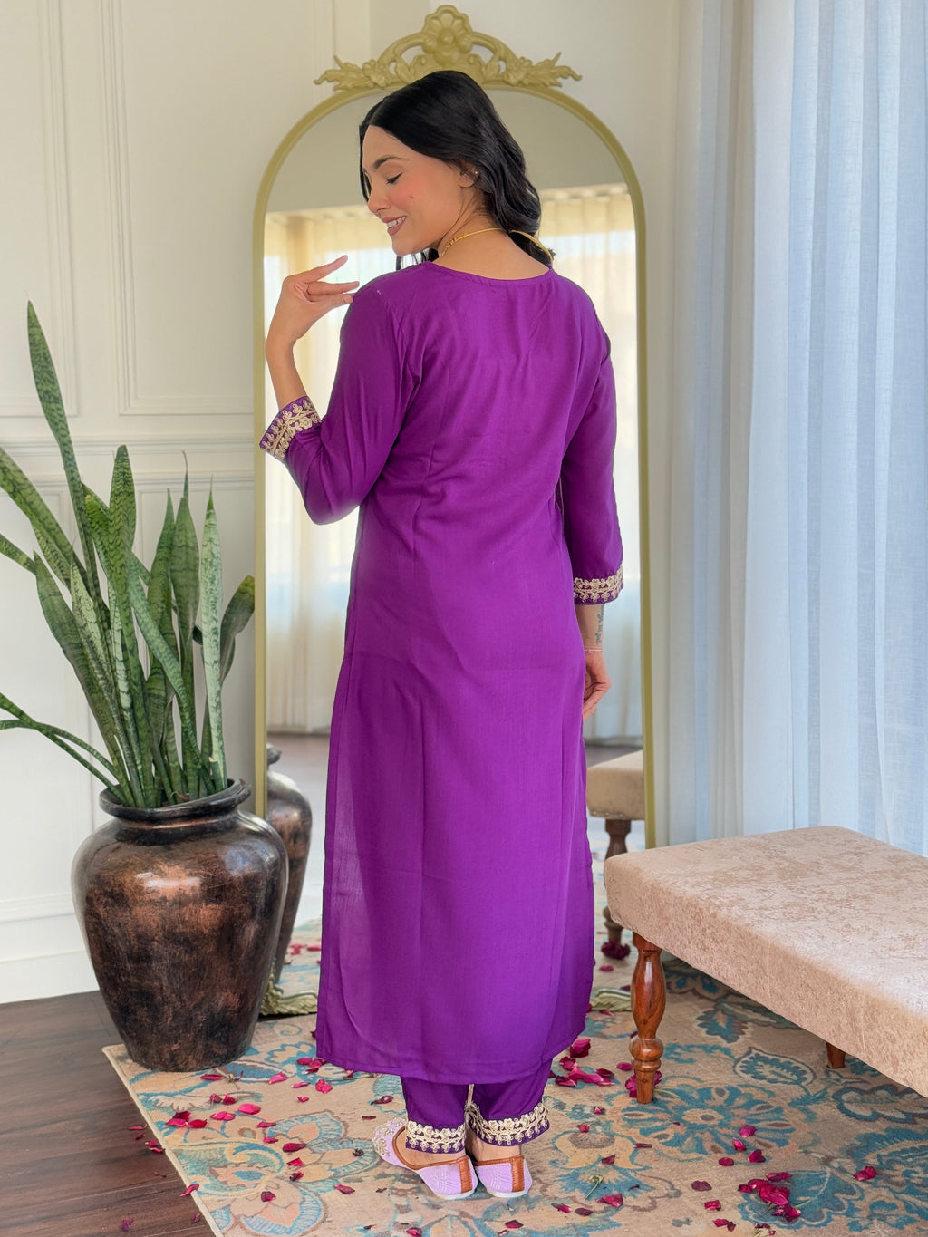 Teeya Creation Violet Colour Viscose Slub Embroidery Work Fully Stitched Kurti Set