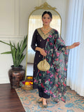 Teeya Creation Black Colour Viscose Slub Embroidery Work Fully Stitched Kurti Set