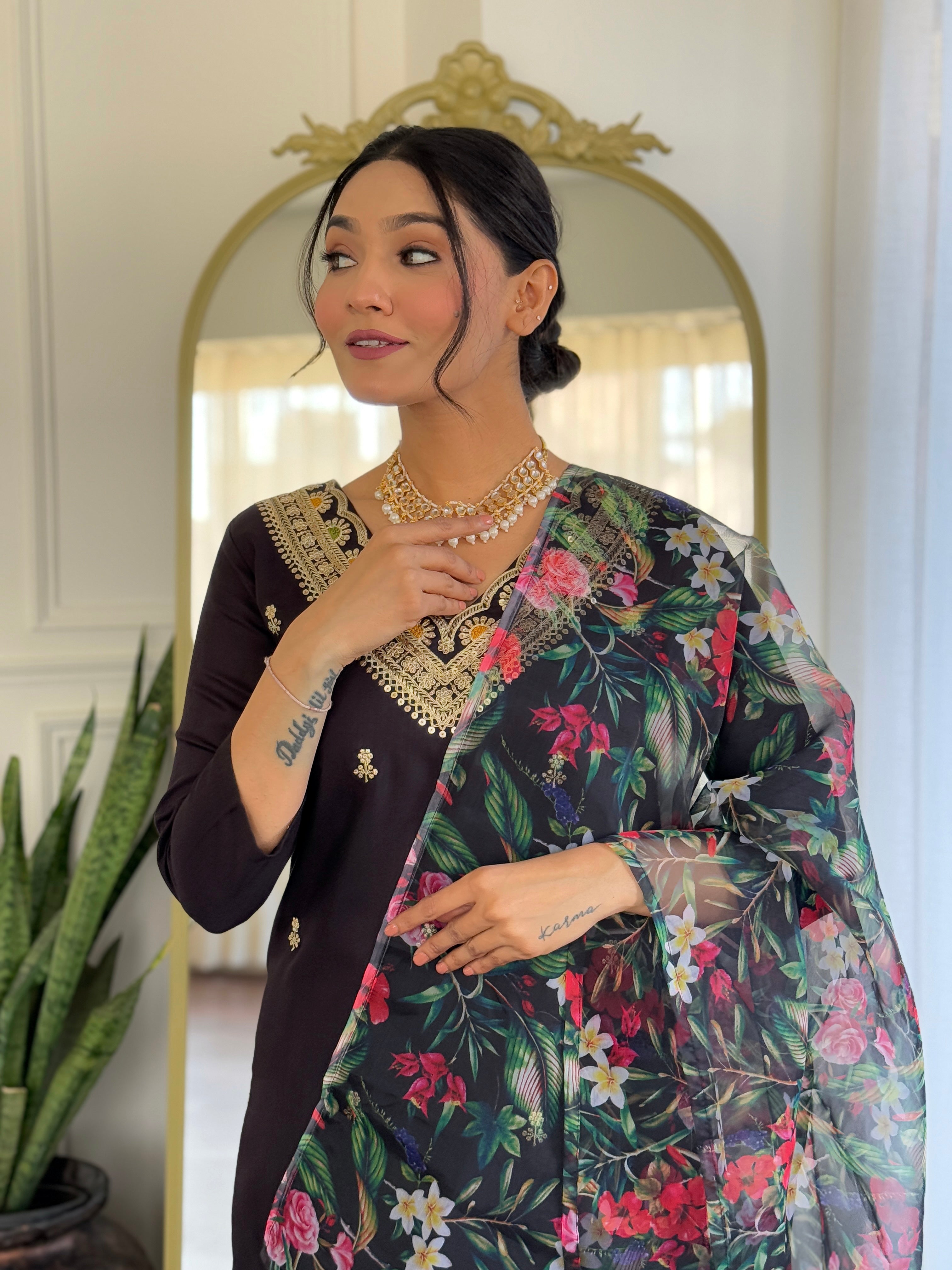 Teeya Creation Black Colour Viscose Slub Embroidery Work Fully Stitched Kurti Set