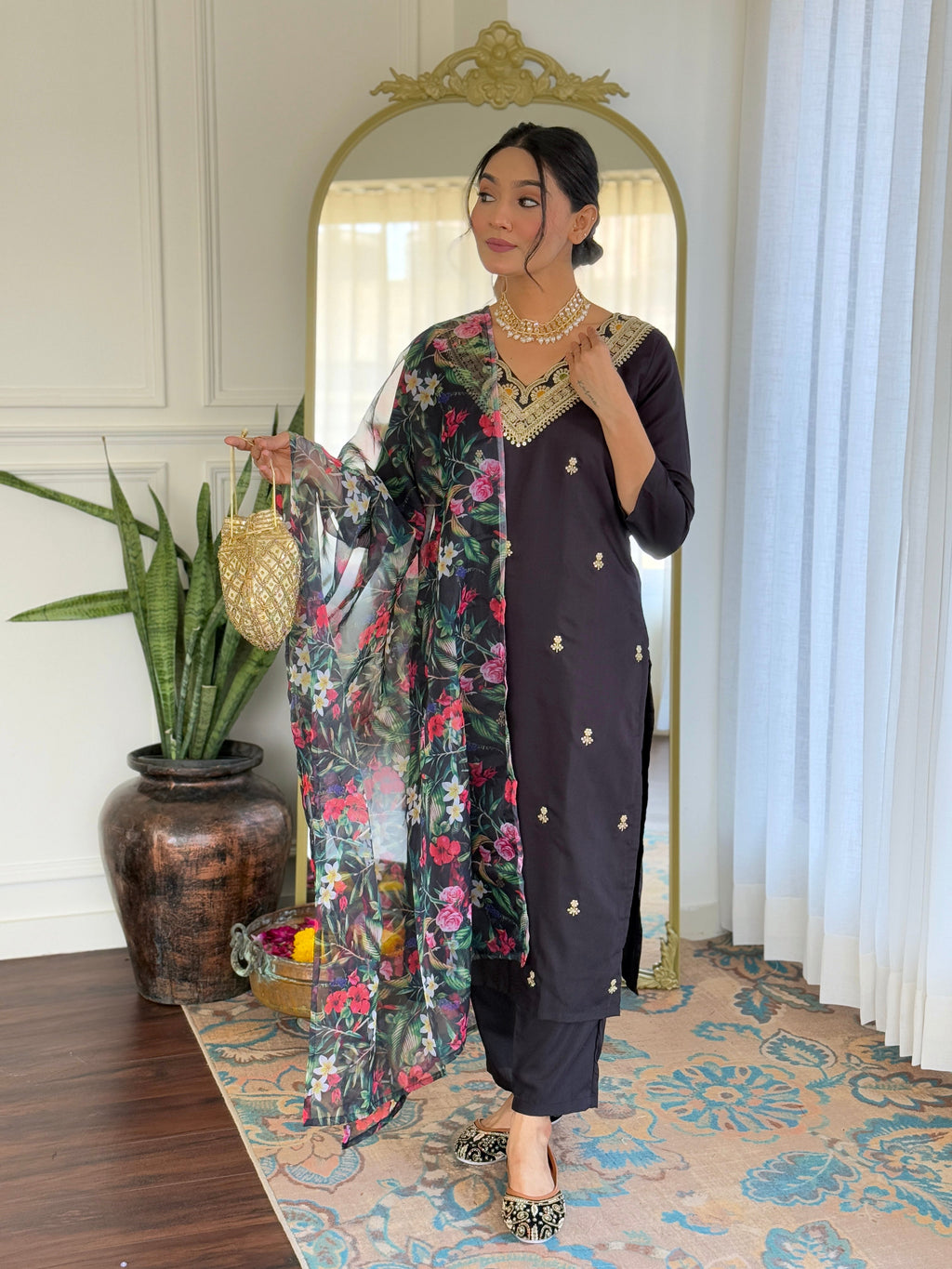 Teeya Creation Black Colour Viscose Slub Embroidery Work Fully Stitched Kurti Set