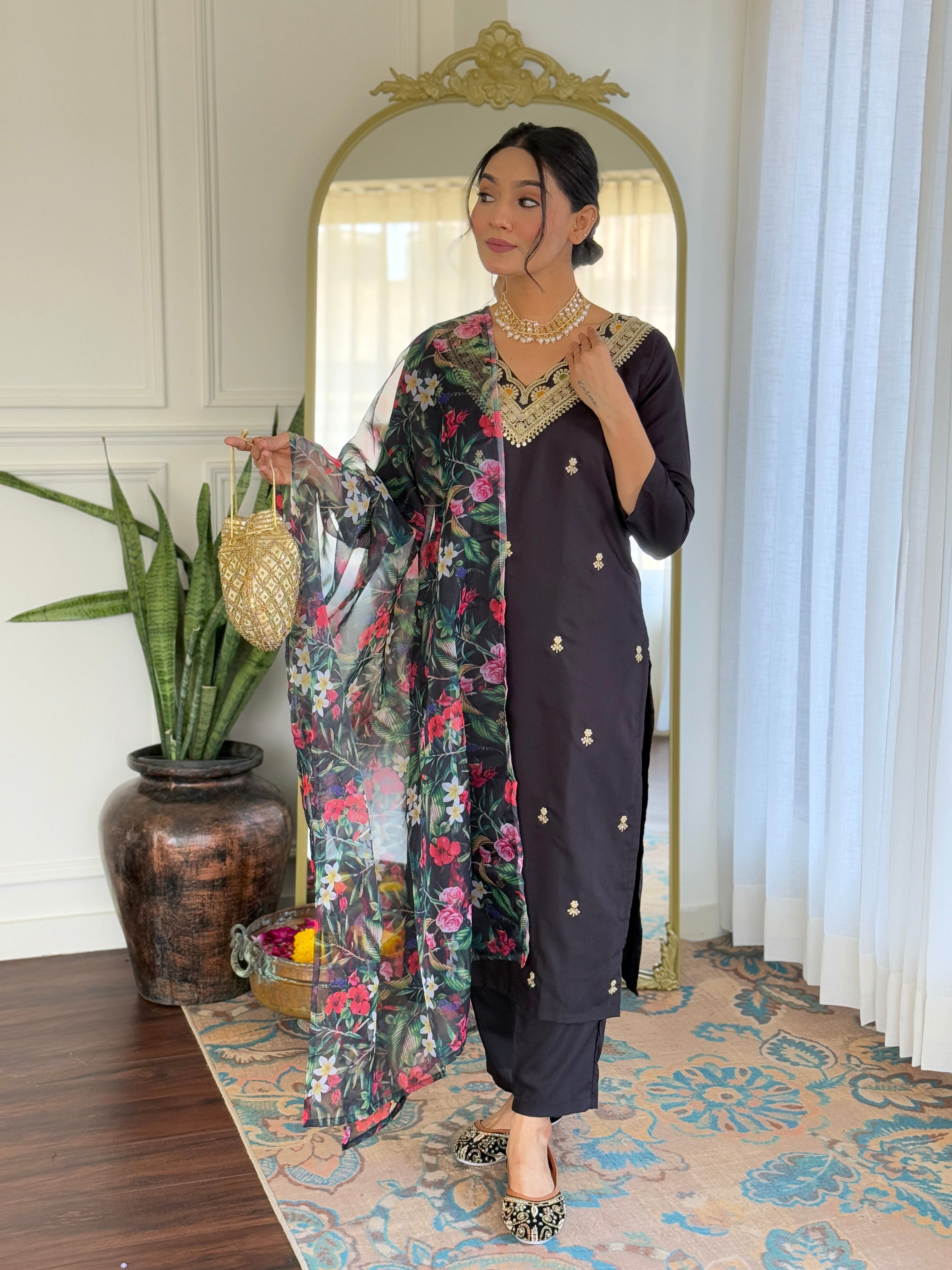 Teeya Creation Black Colour Viscose Slub Embroidery Work Fully Stitched Kurti Set