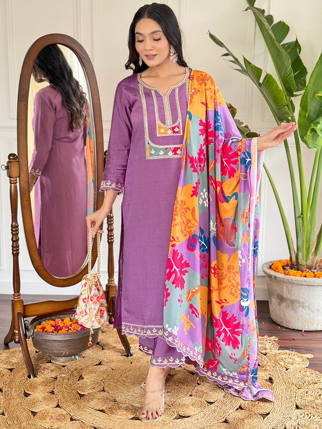 Teeya Creation Light Purple Colour Viscose Slub Embroidery Work Fully Stitched Kurti Set