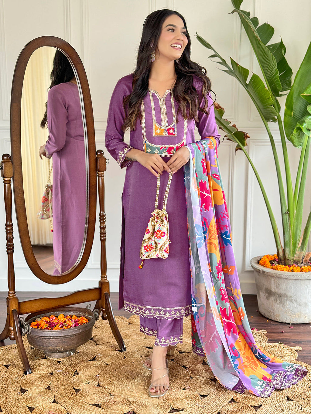 Teeya Creation Light Purple Colour Viscose Slub Embroidery Work Fully Stitched Kurti Set