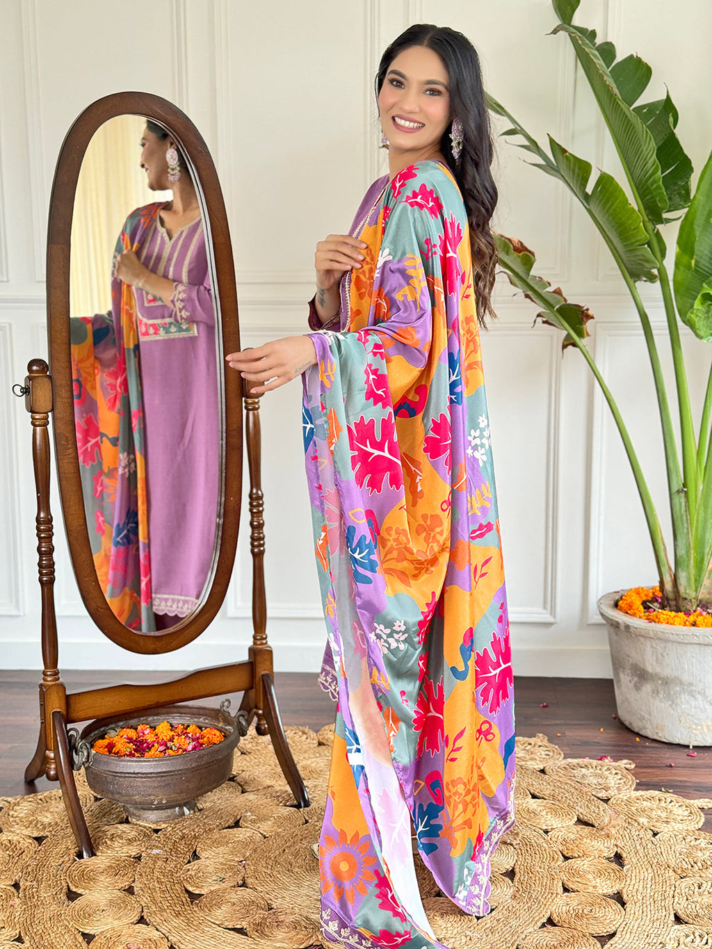 Teeya Creation Light Purple Colour Viscose Slub Embroidery Work Fully Stitched Kurti Set