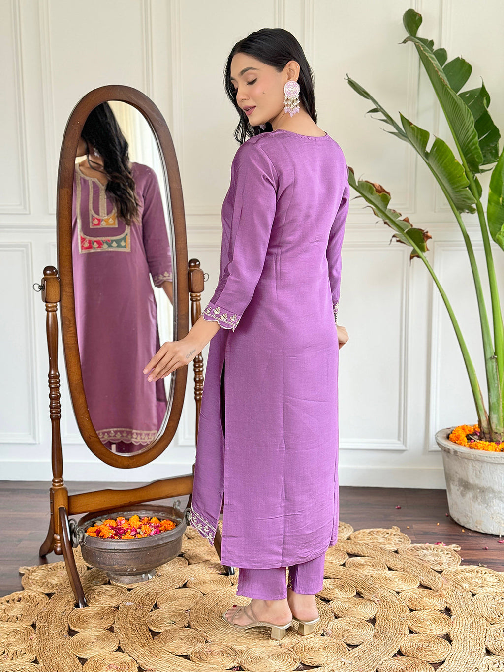 Teeya Creation Light Purple Colour Viscose Slub Embroidery Work Fully Stitched Kurti Set