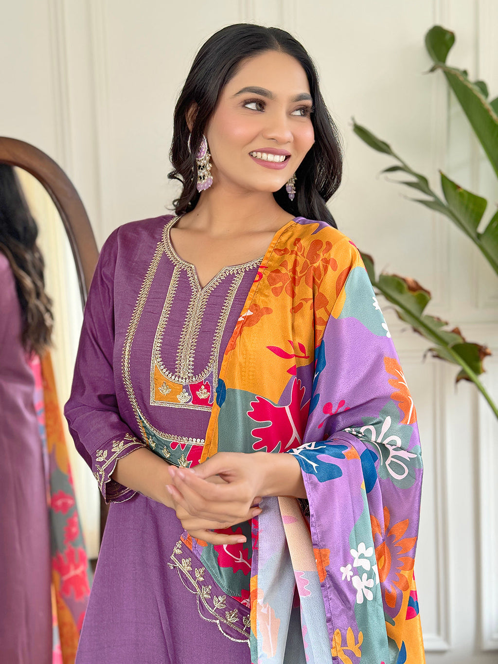 Teeya Creation Light Purple Colour Viscose Slub Embroidery Work Fully Stitched Kurti Set