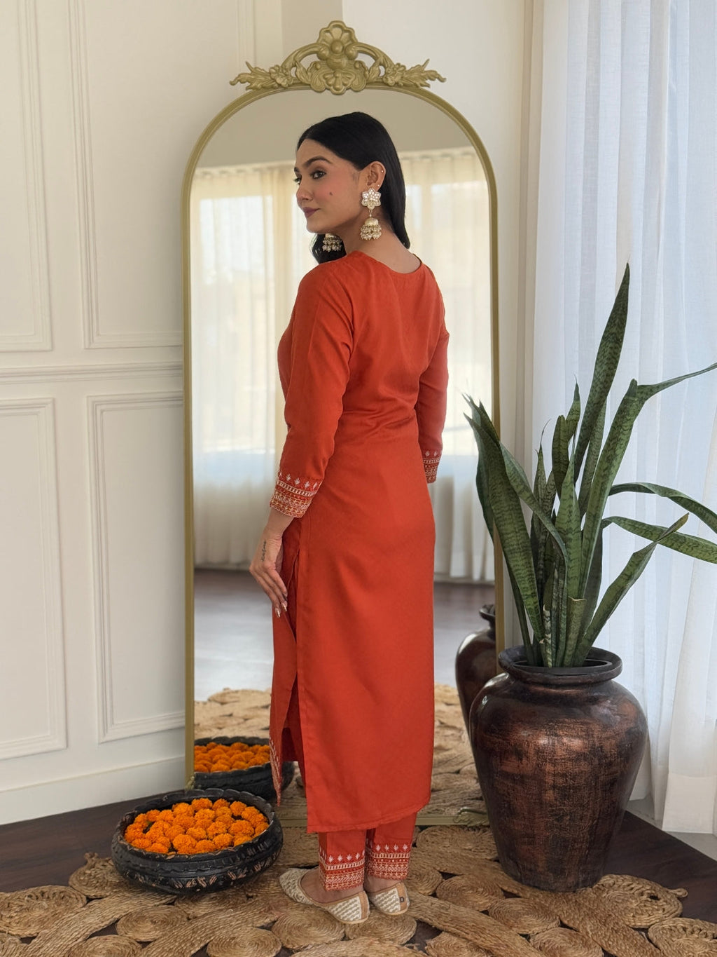 Teeya Creation Orange Color Viscose Rayon Embroidery Work Fully Stitched Kurti Set