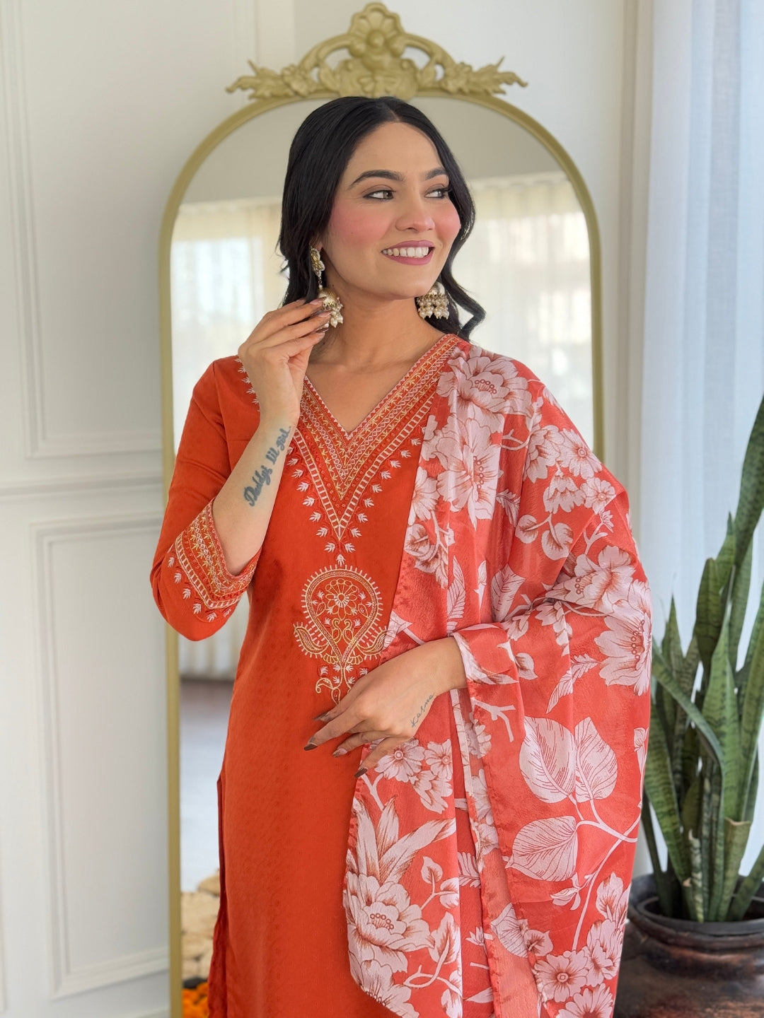 Teeya Creation Orange Color Viscose Rayon Embroidery Work Fully Stitched Kurti Set