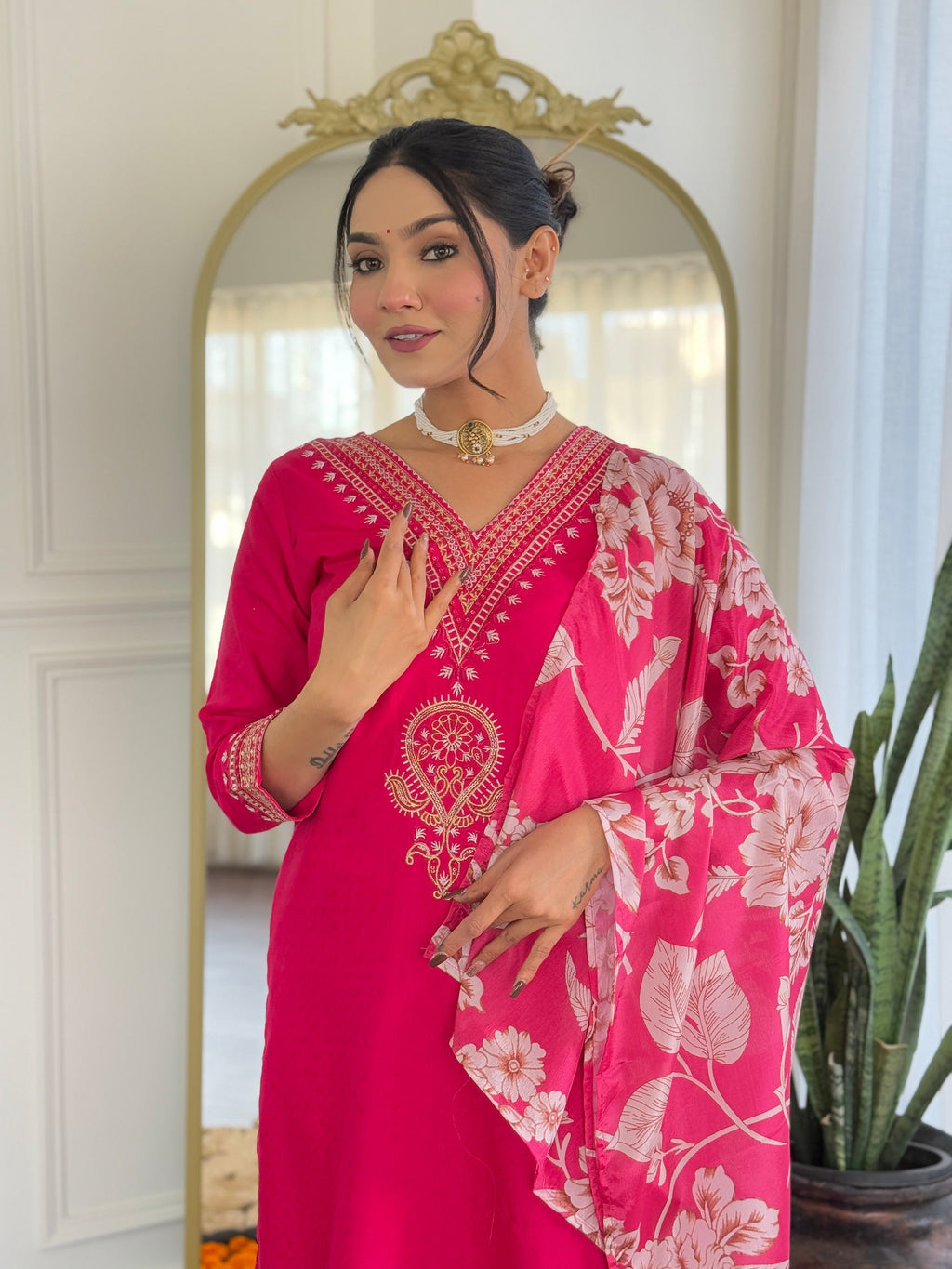 Teeya Creation Rani Color Viscose Rayon Embroidery Work Fully Stitched Kurti Set