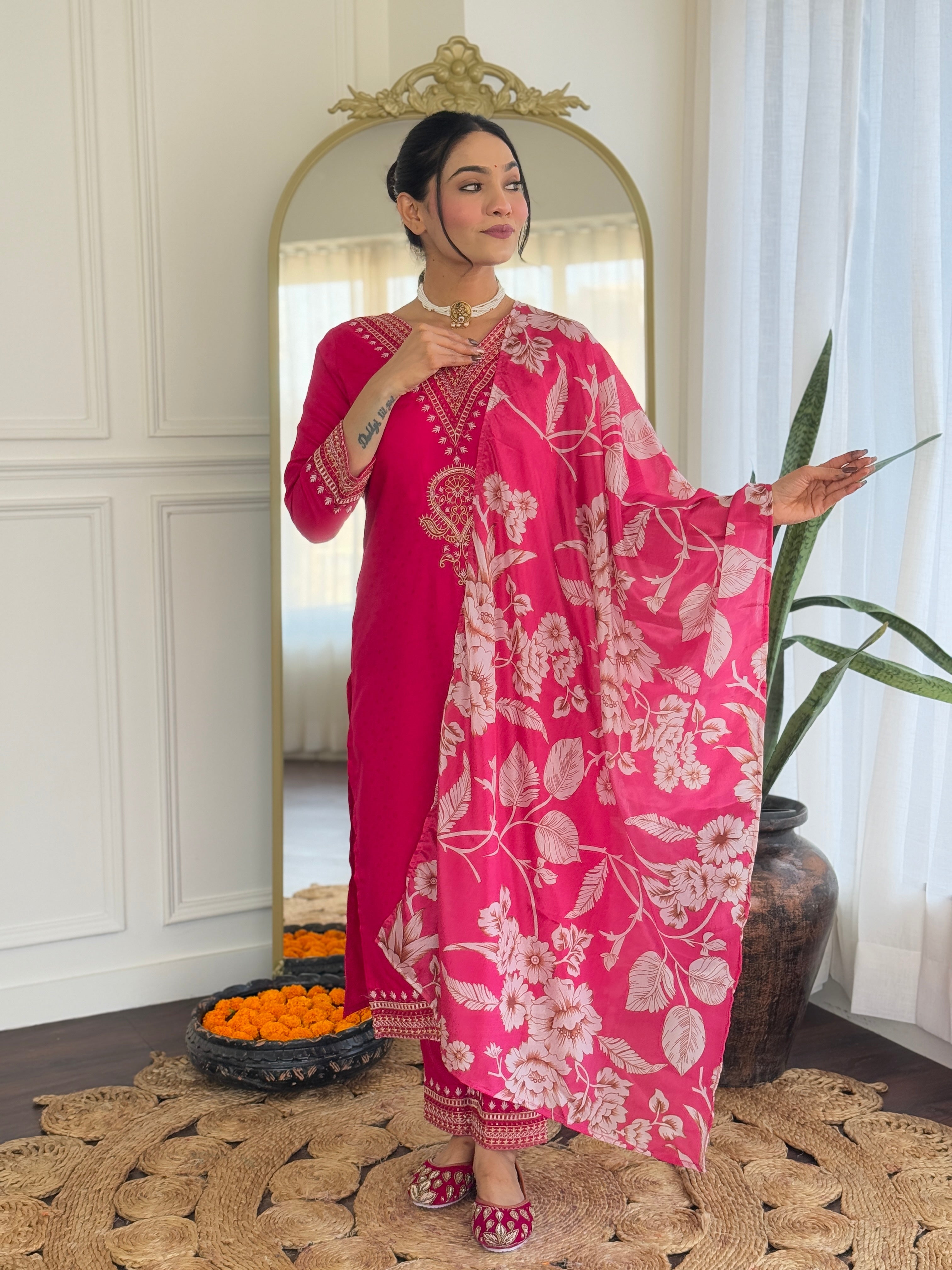 Teeya Creation Rani Color Viscose Rayon Embroidery Work Fully Stitched Kurti Set