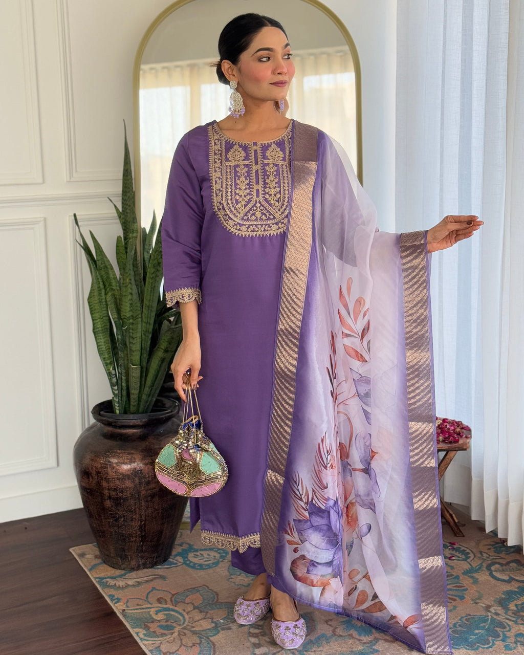 Teeya Creation Lavender Color Viscose Rayon Embroidery Work Fully Stitched Kurti Set