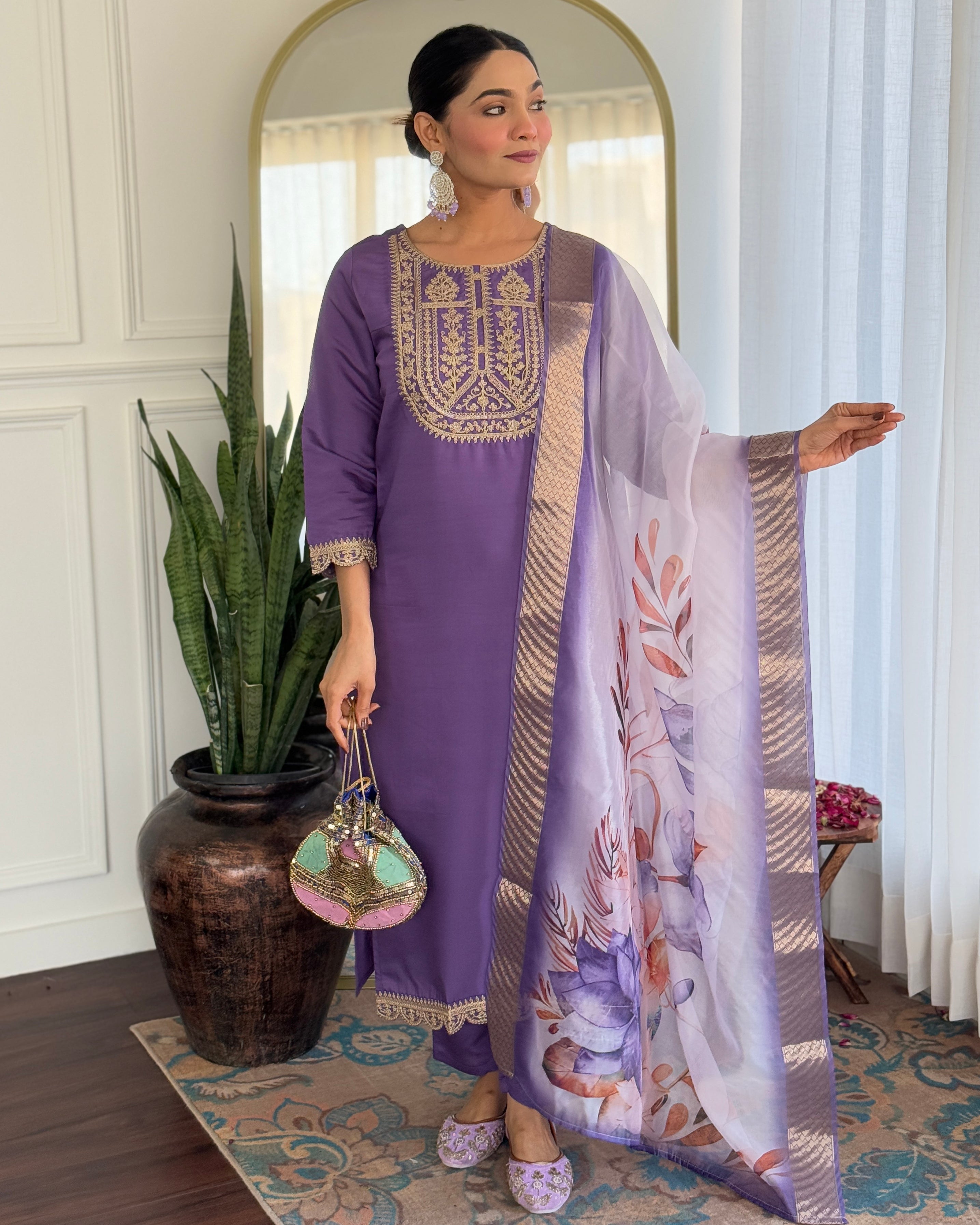 Teeya Creation Lavender Color Viscose Rayon Embroidery Work Fully Stitched Kurti Set