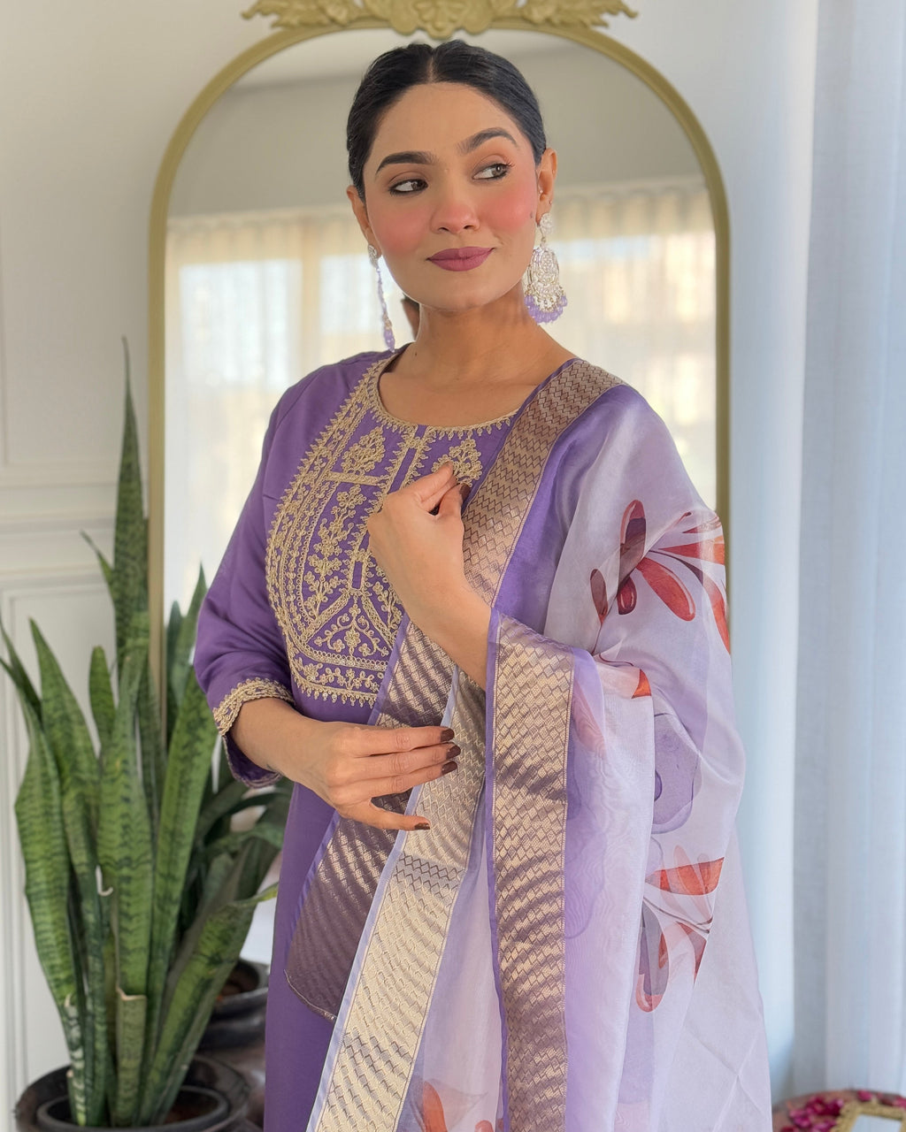 Teeya Creation Lavender Color Viscose Rayon Embroidery Work Fully Stitched Kurti Set