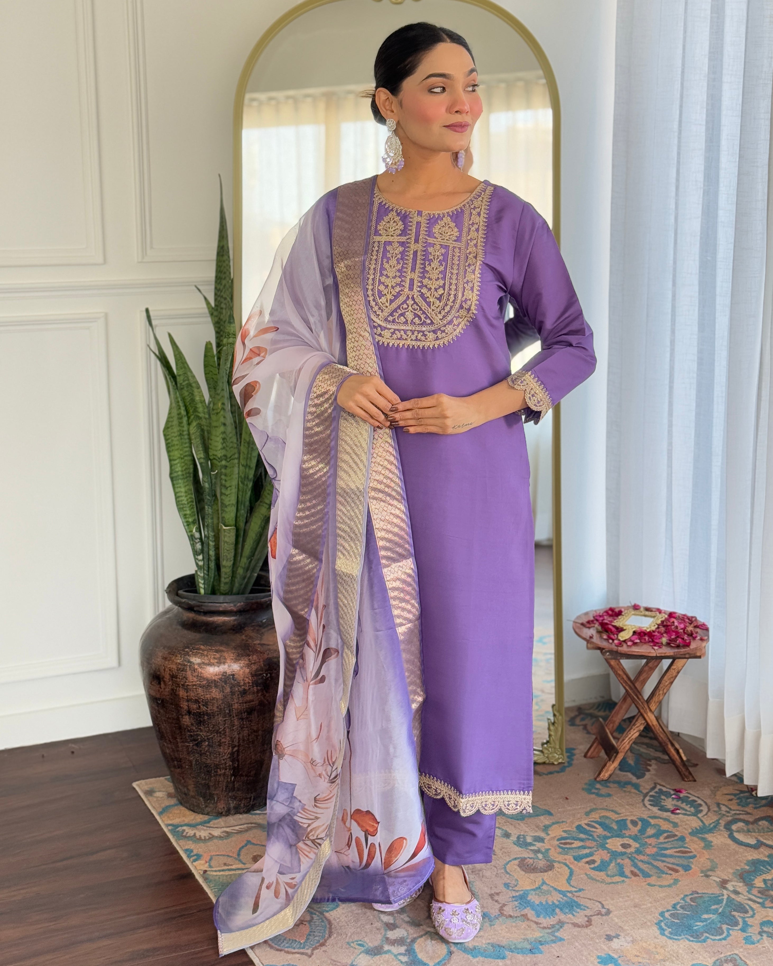 Teeya Creation Lavender Color Viscose Rayon Embroidery Work Fully Stitched Kurti Set