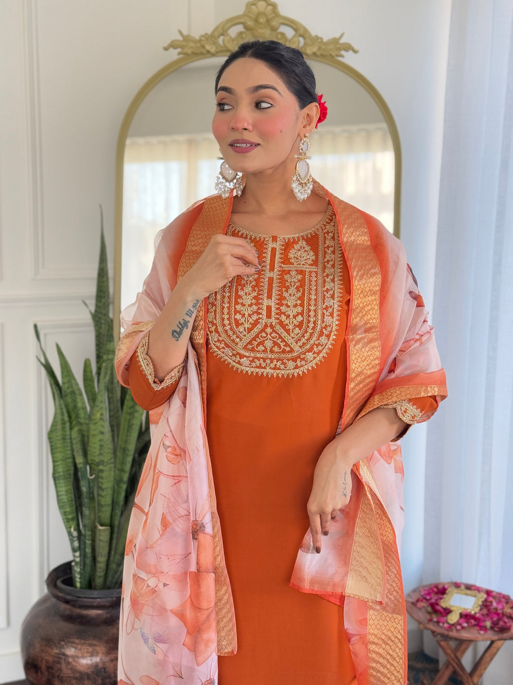 Teeya Creation Orange Color Viscose Rayon Embroidery Work Fully Stitched Kurti Set